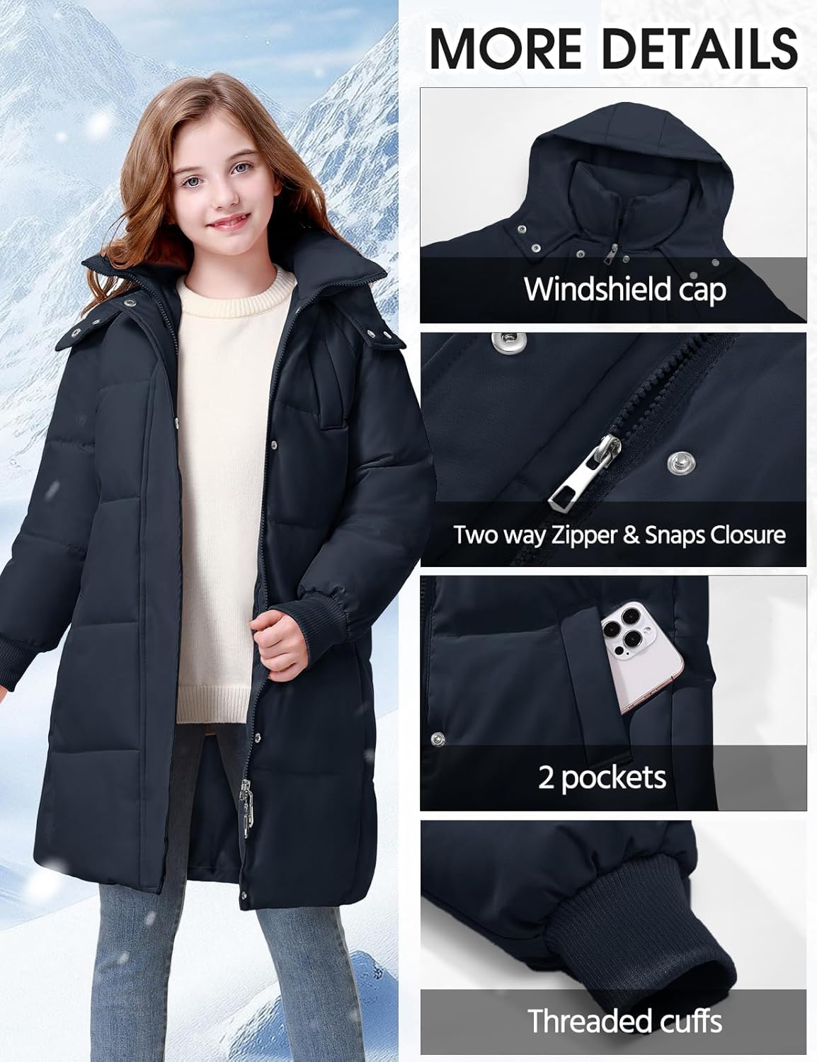 Girls Winter Down Coat Warm Long Puffer Jacket with Hood 6-13Years Over-the-Knee Parka Windproof Outerwear - Image 4