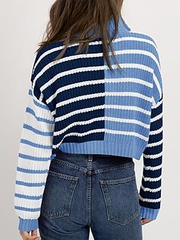 Saodimallsu Womens Striped Cropped Sweater Color Block Zip Up Long Saodimallsu Womens Striped Cropped Sweater Color Block Zip Up Long