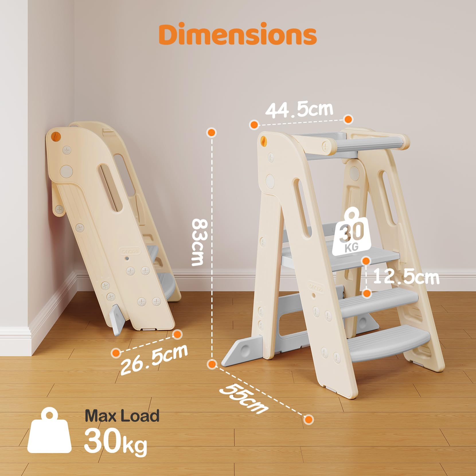 Torre Montessoriana Pieghevole per Bambini, Sgabello a gradini regolabile in altezza per bambini (2–3 livelli), Learning Tower con Barra di Sicurezza, per Bancone Cucina Lavandino Bagno (Bianco)