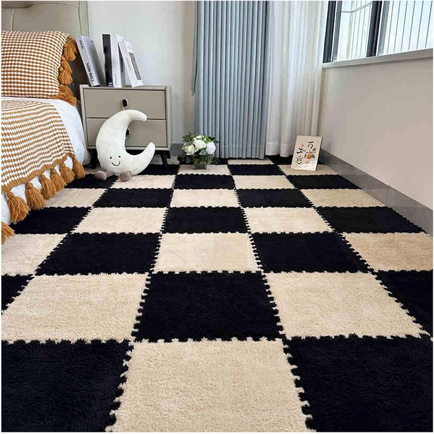 JvFbjLF Interlocking Foam Play Mat DIY Puzzle Foam Floor Rug 50pcs 30x30cm Square Foam Mats(Black+Apricot)