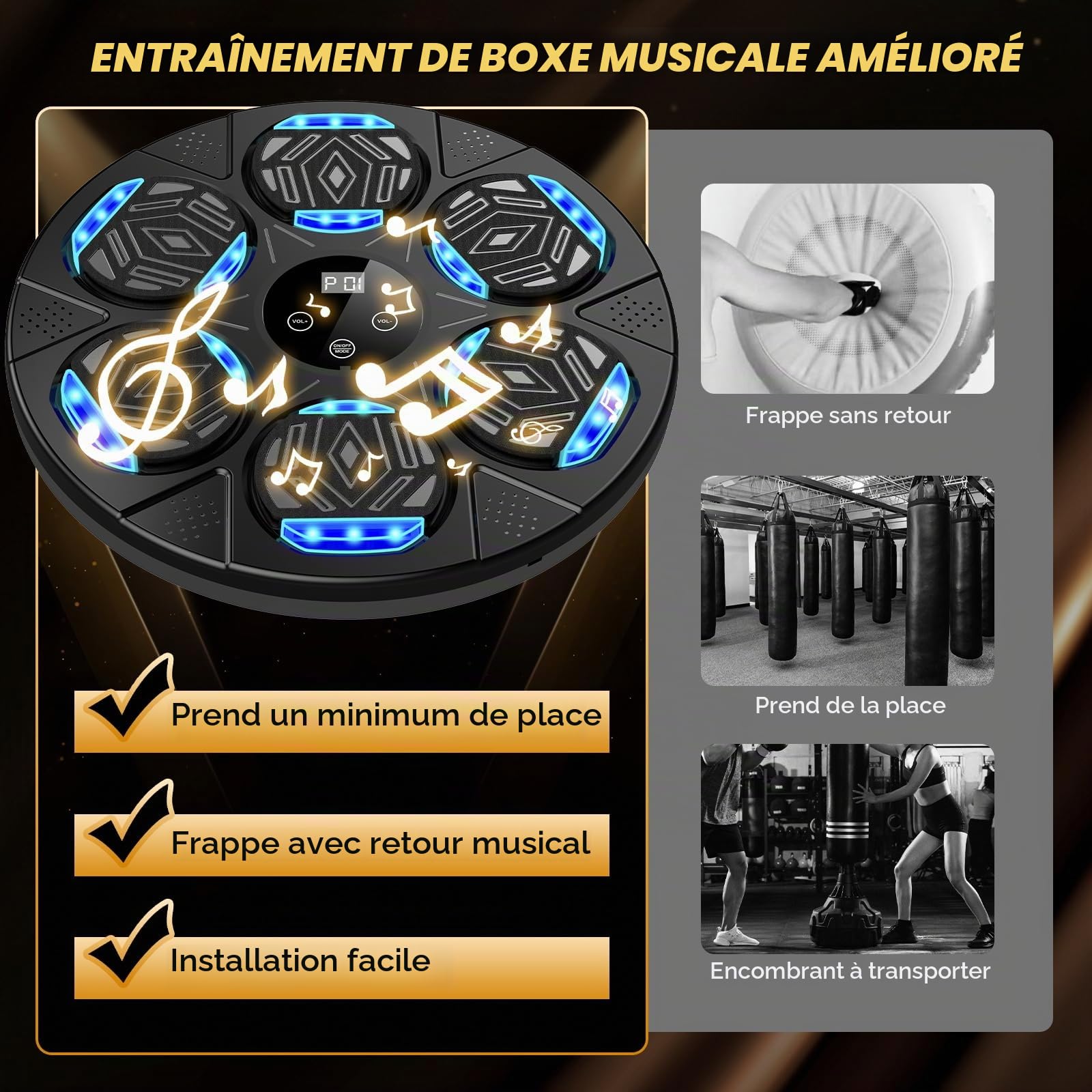 Machine de boxe musicale 2026 pour adultes et enfants, équipement d'entraînement de boxe Bluetooth intelligent avec gants à montage mural, machine de frappe d'entraînement pour la maison, le bureau et