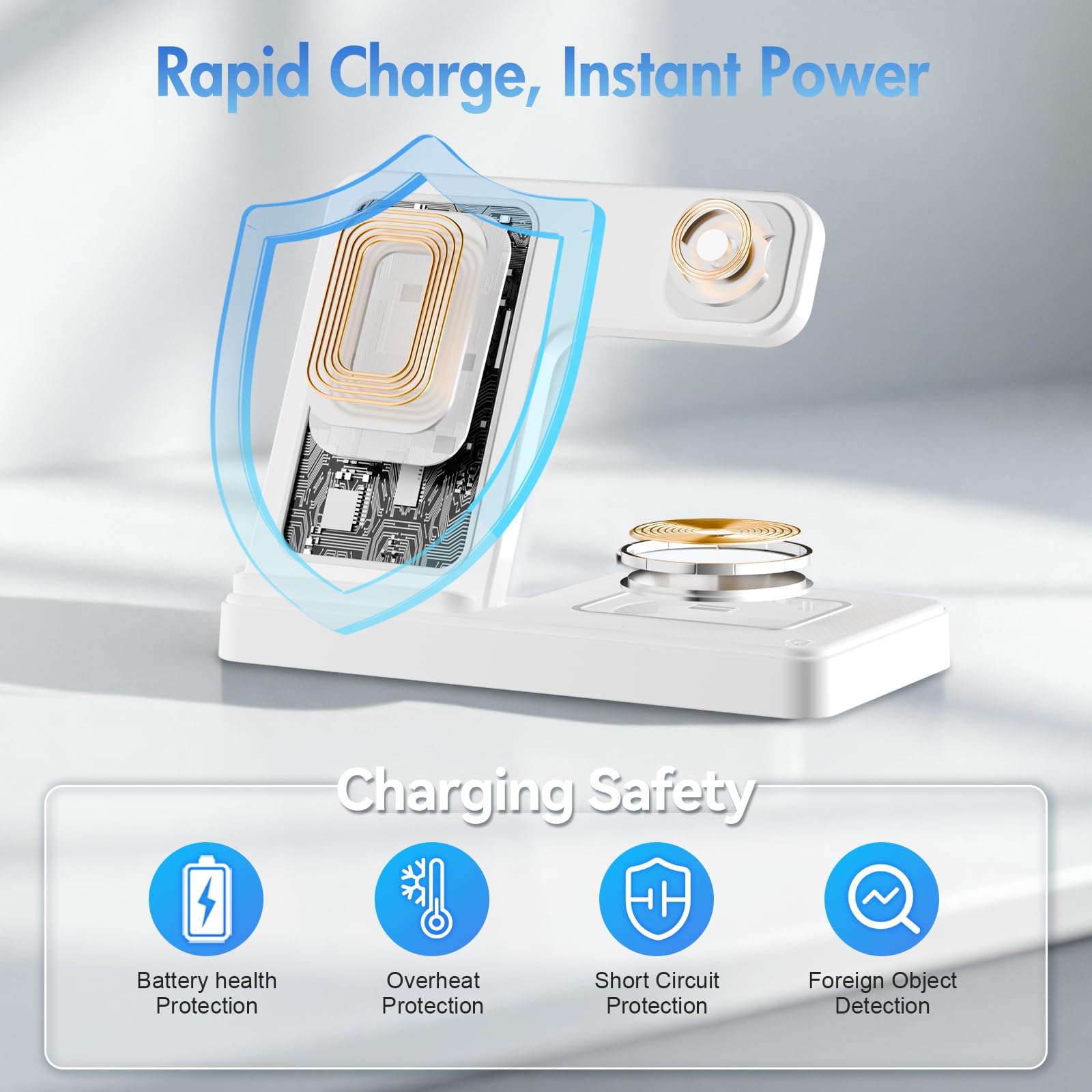 3 in 1 Wireless Charging Station for iphone Fast Wireless Charger Stand for Apple Watch, for Airpods Pro 4 3 2, for iphone 17/16/15/14/13/12/11/8/XS/XR/X/SE(No Plug Included) (White) - 4