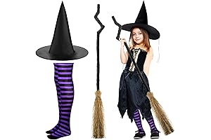 Enchanting 3-Piece Halloween Witch Ensemble: Hat, Broom, and Striped Tights