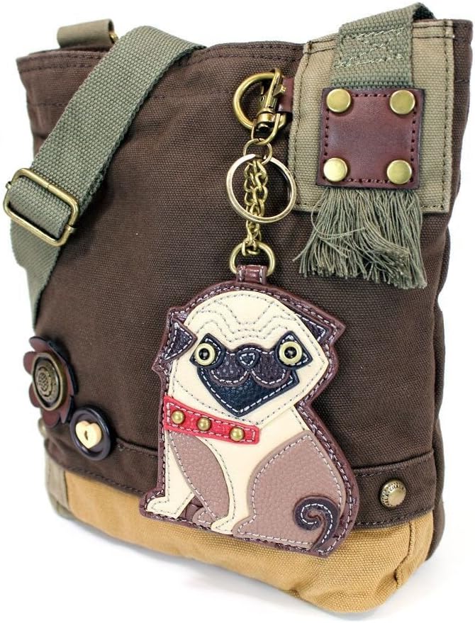 Chala Womens' Canvas Patch Crossbody Handbag"Pug" - Dark Brown