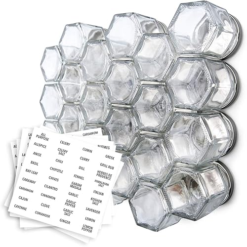 Estante Gneiss magnético para especias incluye tarros hexagonales vacíos tapas magnéticas y etiquetas claras  estante colgante para especias tapa