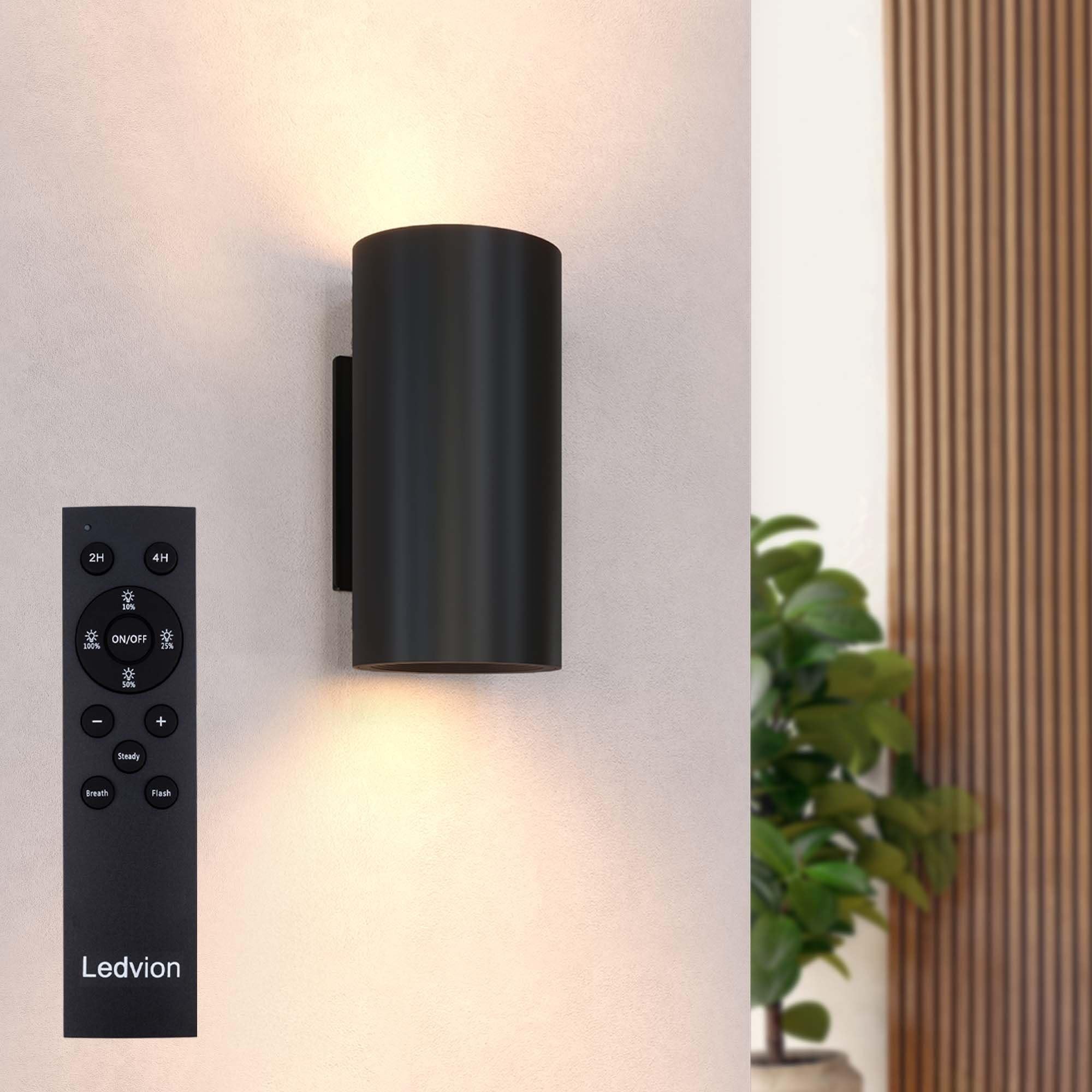 Ledvion – USB Rechargeable Wall Lights with Remote Control, Wireless, Black, Dimmable, Warm White, 4400 mAh Battery, Up Down Light, Modern, Round, Indoor & Outdoor