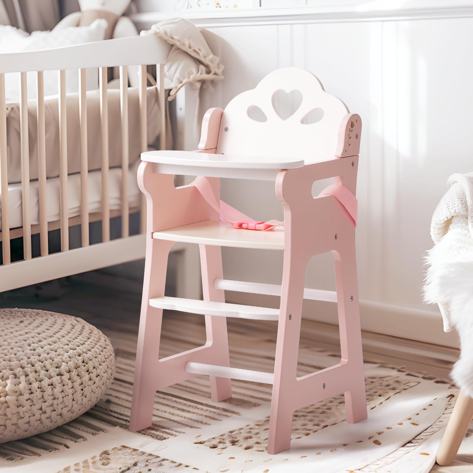 Silla alta de muñeca de bebé, silla alta de juego de simulación con cinturón de seguridad, accesorios de muñeca de madera rosa con mesa móvil, se adapta a muñecas de 18 a 20 pulgadas 4