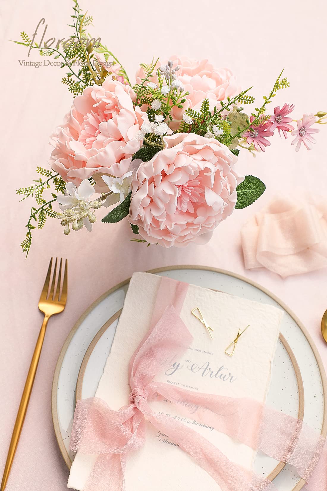 Floroom Artificial Flowers 16pcs 4" Blush Blooming Peonies Real Looking Foam Fake Roses with Stems for DIY Wedding Bouquet Pink Bridal Shower Centerpieces Floral Arrangements Party Tables Decorations