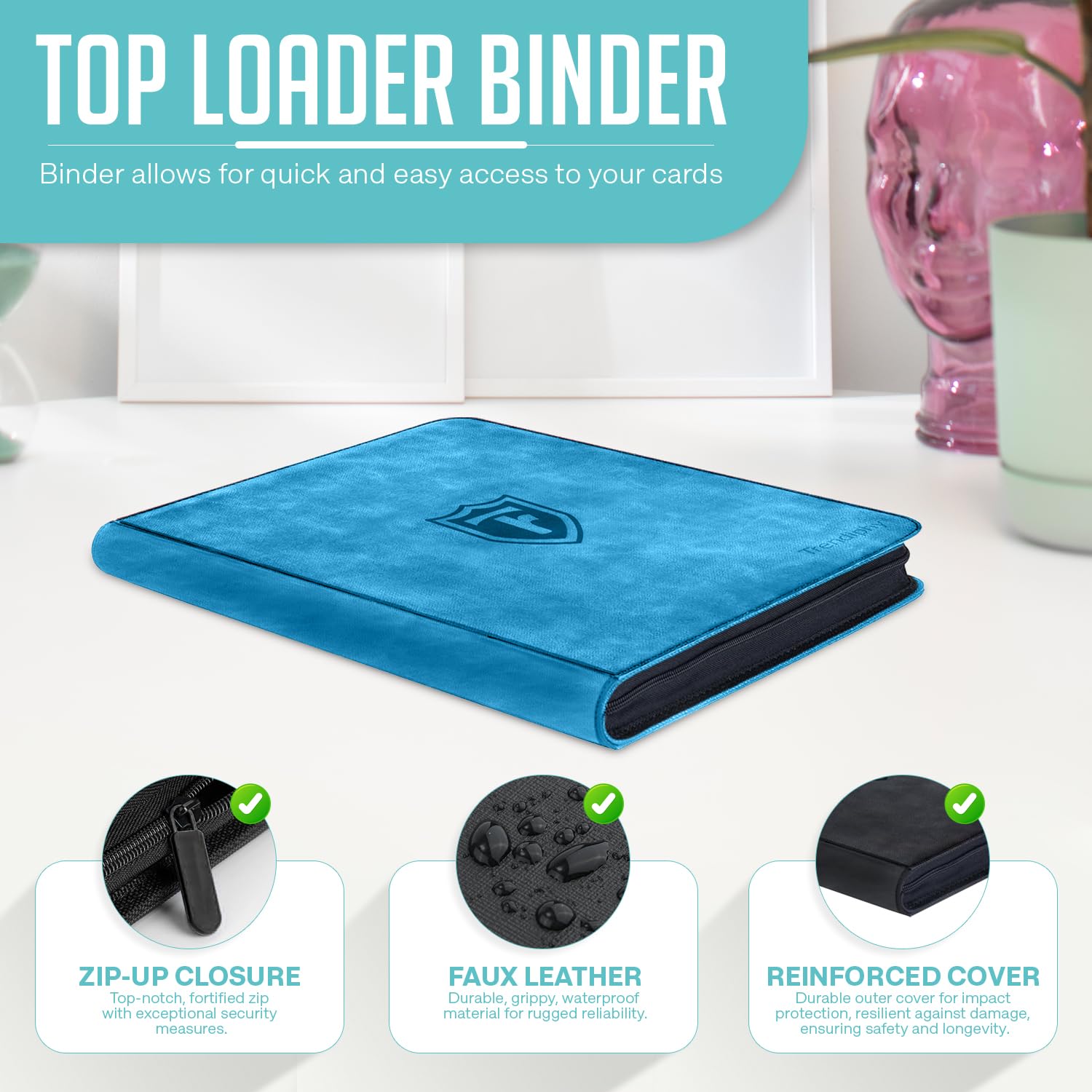Trendiphy Top Loader Binder 9 Pocket, Holds 288 Toploaders, Side-Loading Zippered Denim Style Album for Trading Cards, Sports Cards, Baseball, MTG, TCG and Graded Card Sleeves (3
