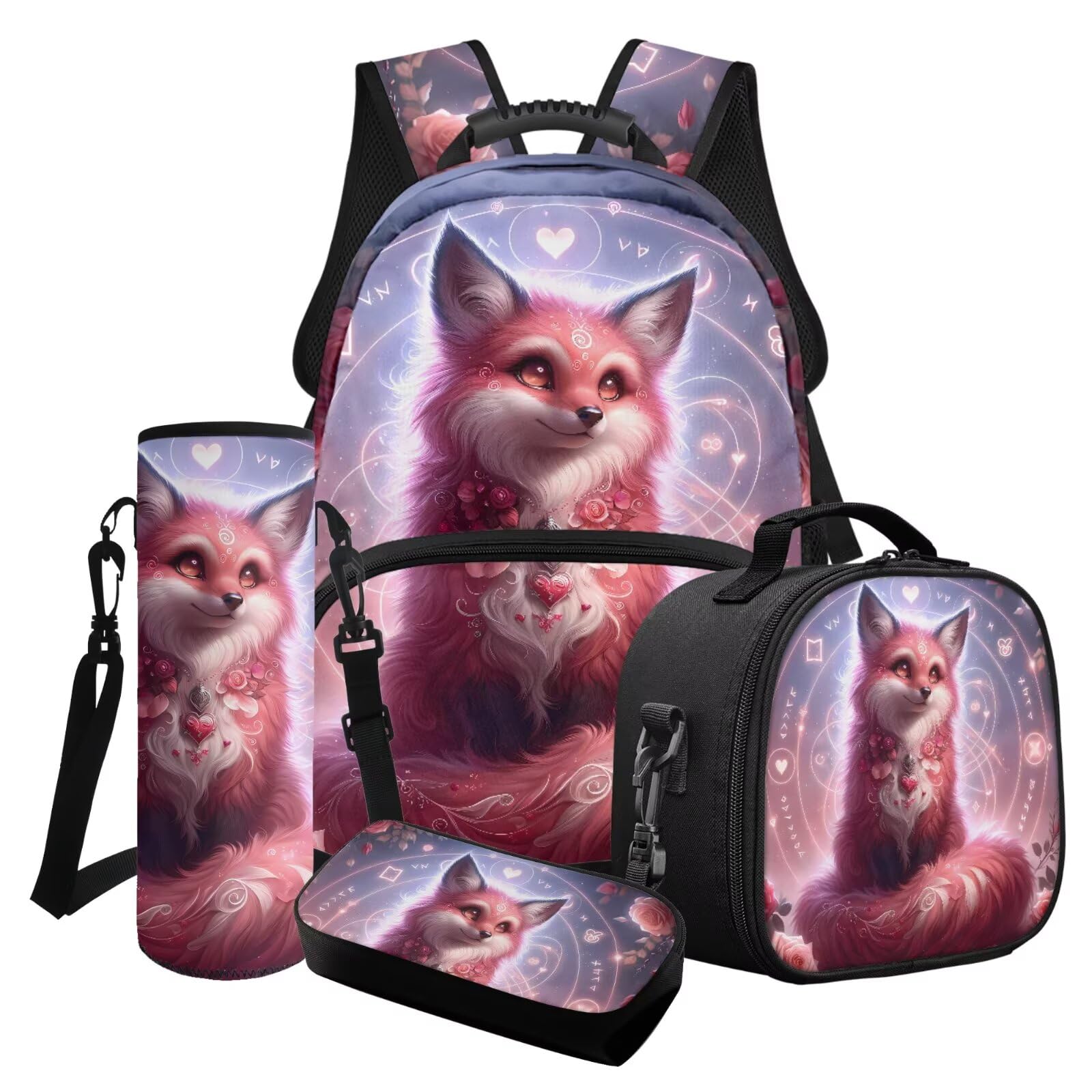 4-teiliges Schultaschen-Set, Rucksack, Lunchtasche, Federmäppchen, Wasserflaschen-Tragetasche für Jungen und Mädchen, Pink-Fuchs, Schulranzen-Set
