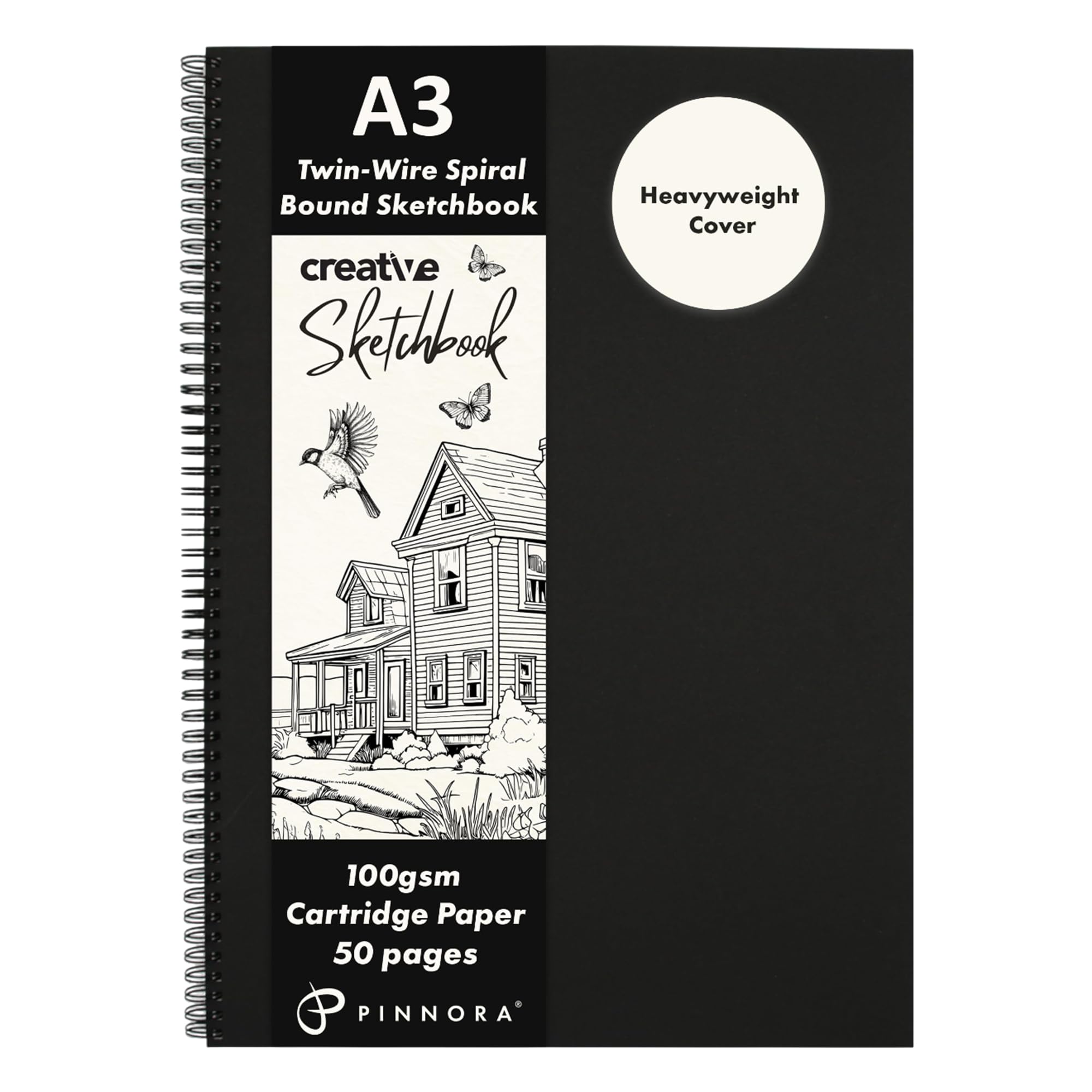 PINNORA Creative A3 Sketchbook (100GSM) - Black Hardcover Sketch Book with Thick Cartridge Paper | Twin-Wire Spiral Bound Sketch Pad, A3 Drawing Pad for Sketching - Art Book for All Ages (50 Pages)