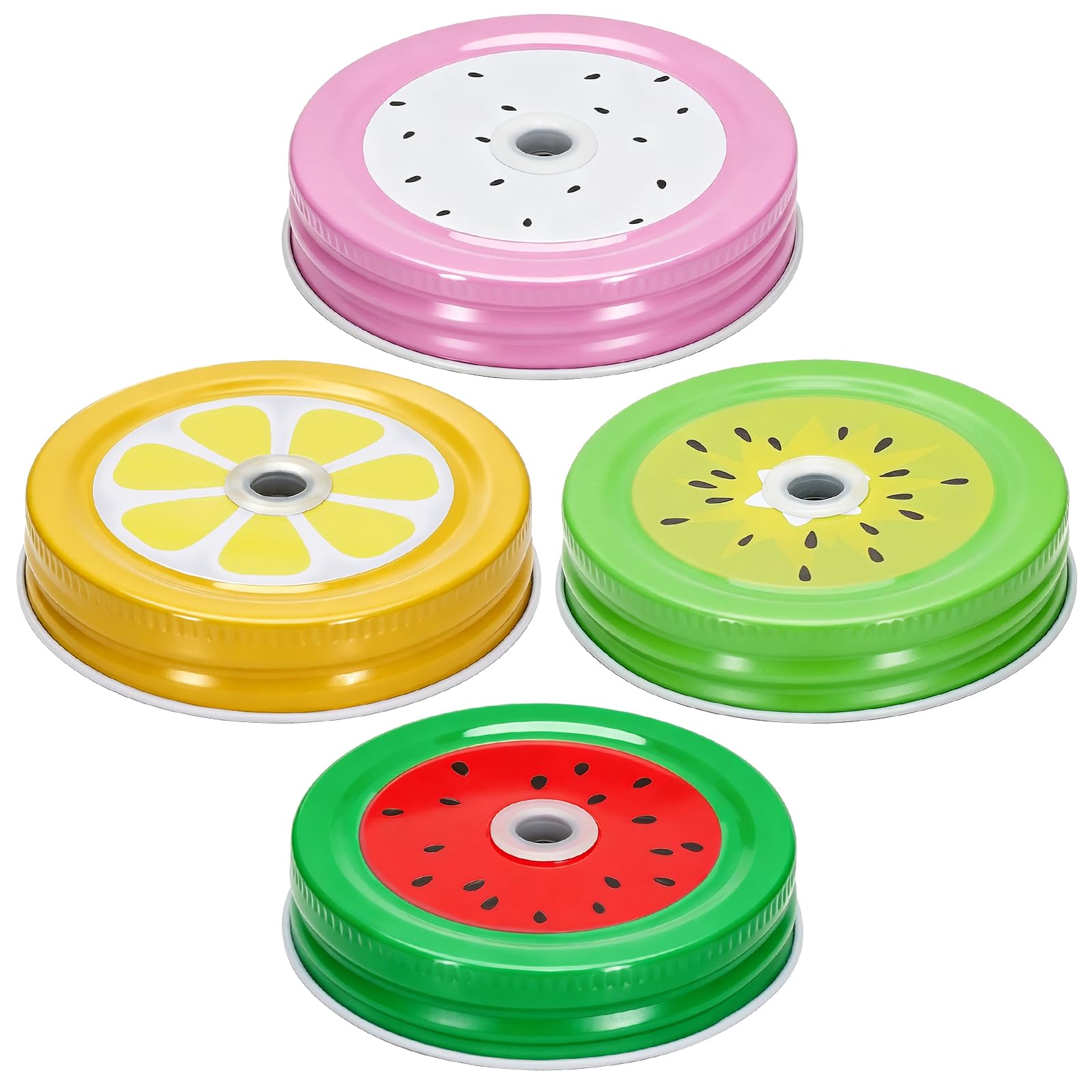4 colors checkered Regular Mouth Mason Jar Straw Lids 2.7 Inch Metal Stainless Steel Mason Jar Drinking Lids with Straw Hole Leak Proof Dishwasher Safe (Fruits)