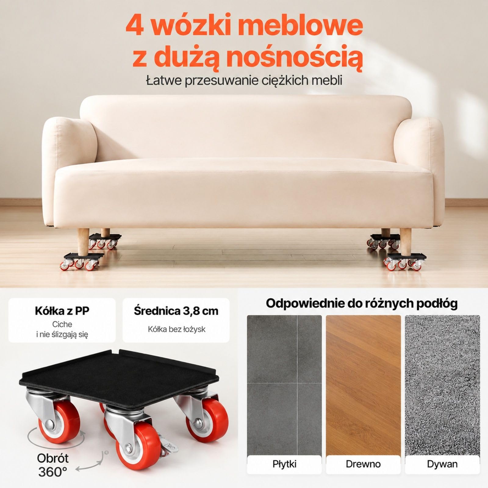 Wózek meblowy zestaw 4 sztuki z 5 kołami obrotowymi do szafy sofy stołu i przeprowadzki