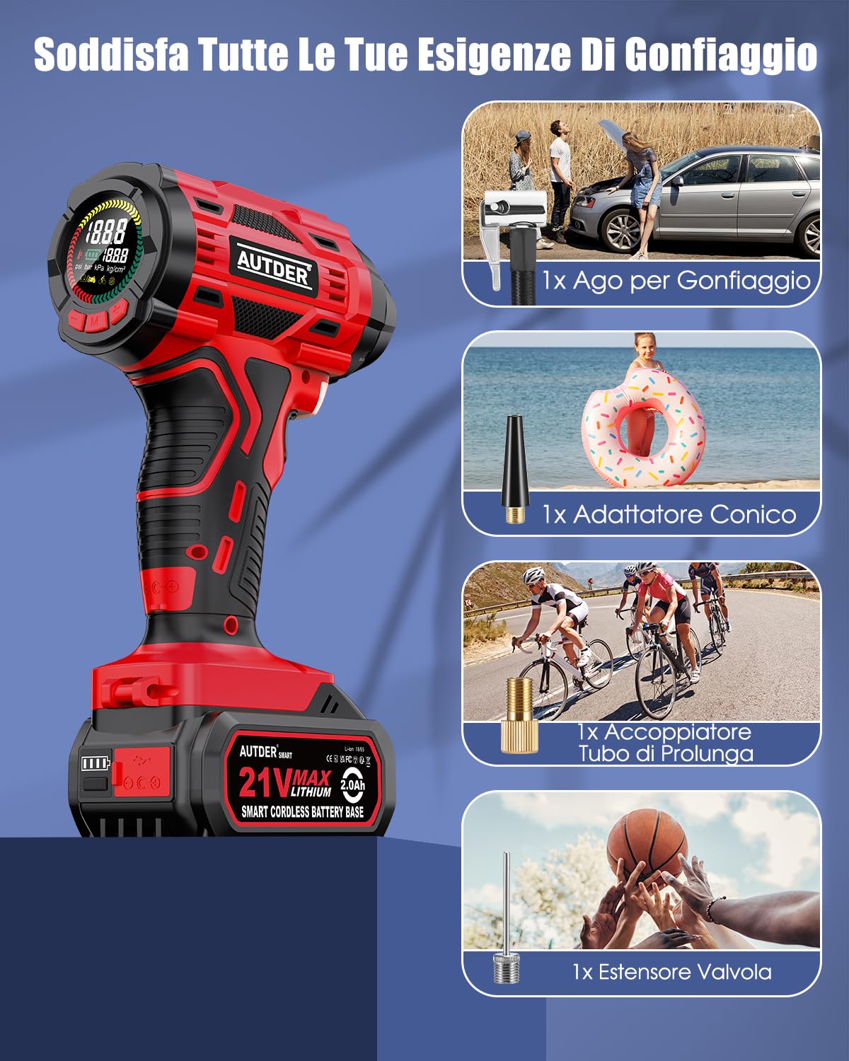 AUTDER Gonfiatore Pneumatici Portatile 180 PSI, Compressore Aria Senza Fili con Batteria Rimovibile 21V e Cavo Auto 12V, Spegnimento Automatico, Display LCD, Luce LED per Auto - Rosso-Nero