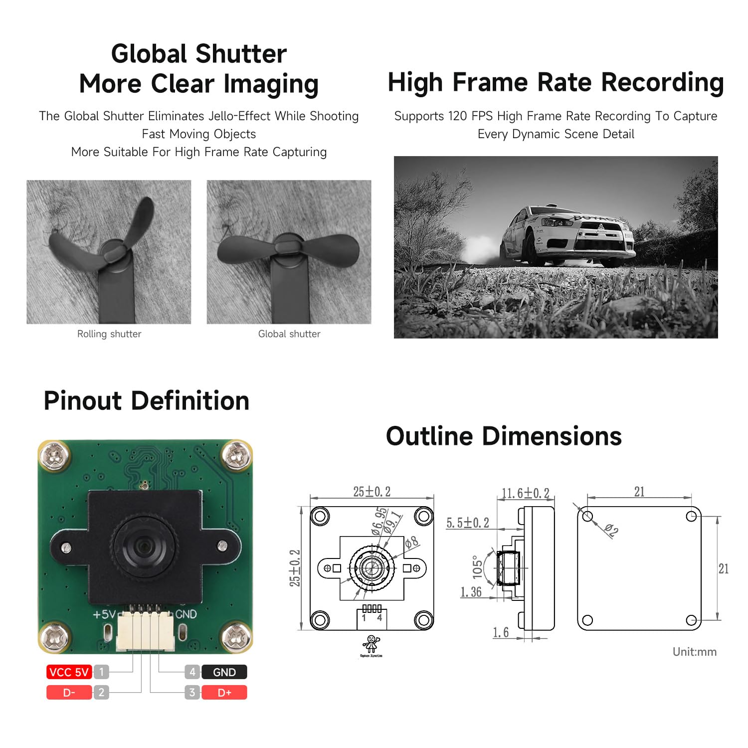 Waveshare OV9281 1MP Mono USB Camera (A), Supports 120FPS High Frame Rate Recording, Global Shutter For Clearer Imaging, for Raspberry Pi 5/Jetson Orin Kit/RDK X5 Development Board