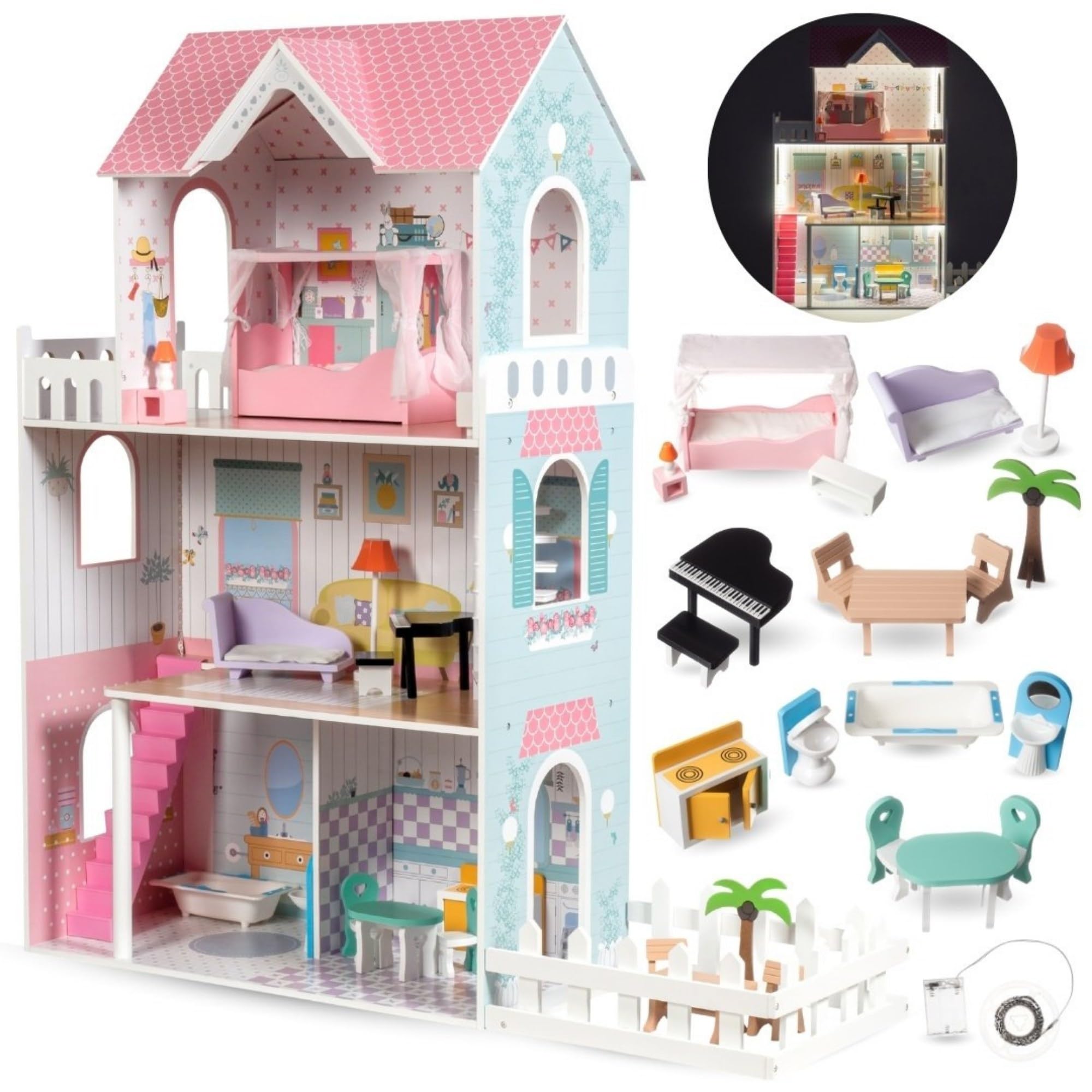 Mamabrum Casa de Muñecas de Madera XXL con LED – Casita de Muñecas de 3 Pisos con Muebles, Jardín y Accesorios – Casa de Barbie de Madera Educativa para Niñas +3 Años