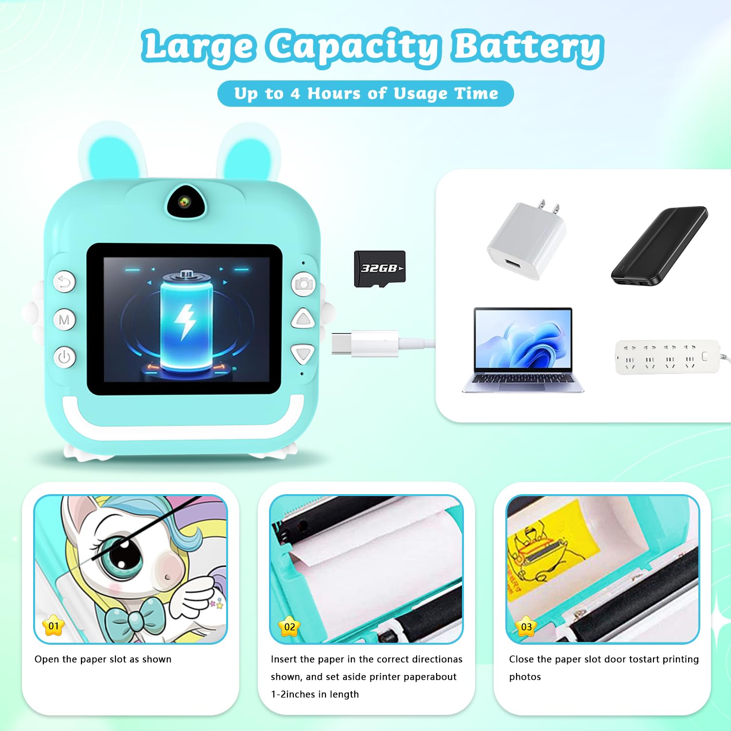 Macchina Fotografica Bambini Istantanea, 2,4 Pollici 1080P Digitale Fotocamera Bambini con Carta Fotografica Stampa e 32GB Schedaper Giocattolo Regalo di Natale Bambino e Bambina 4-12 Anni