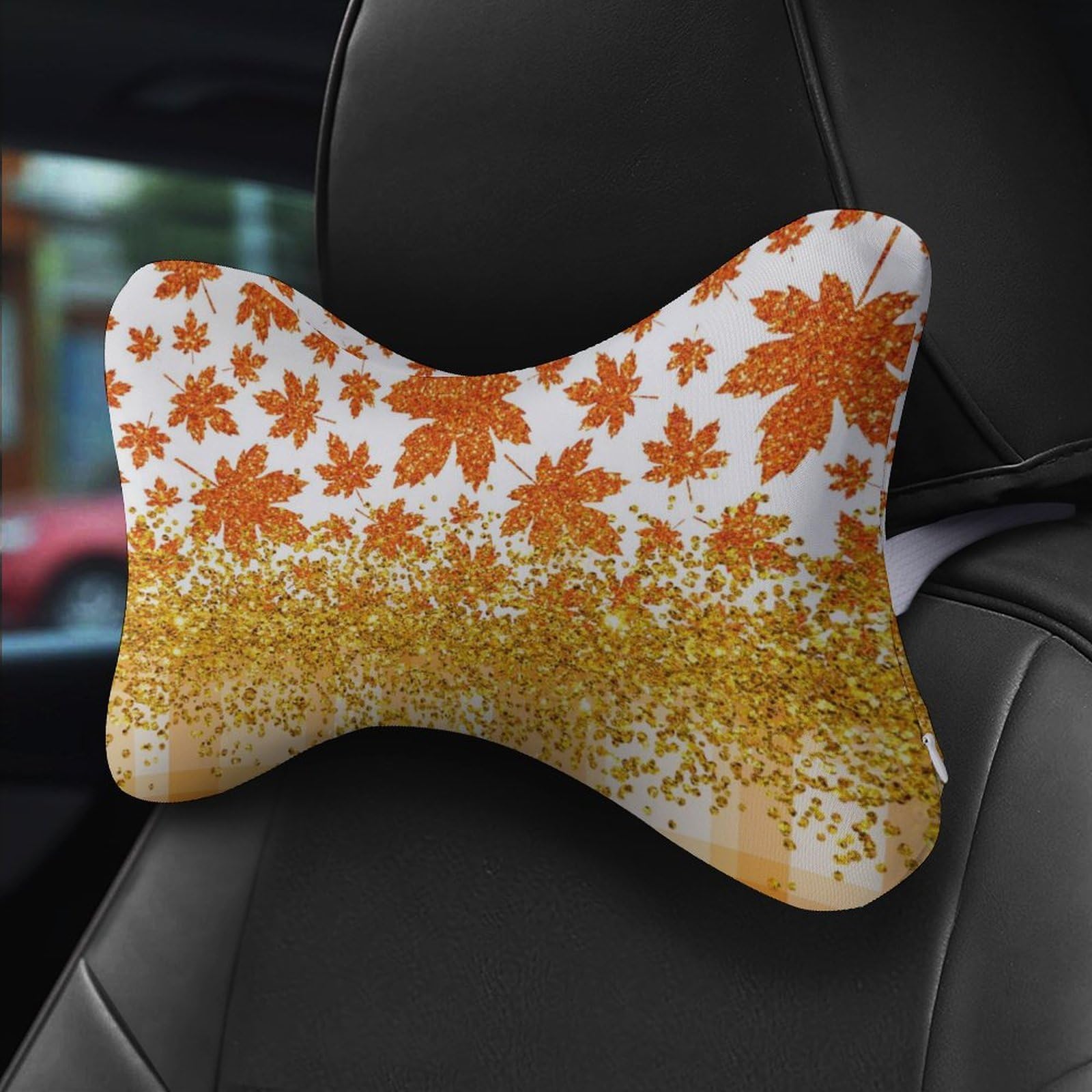 Fall Leaves Glitter Golden Orange Plaid Car Neck Pillow Set of 2 Car Seat Head Support Cushion Bone Pillows with Elastic Strap