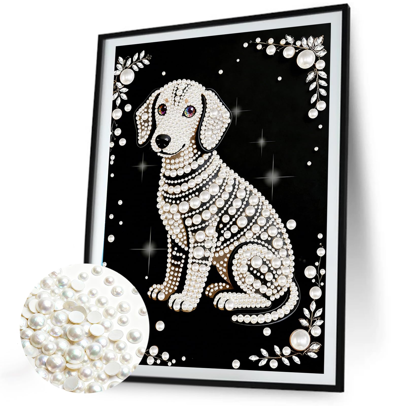 DIY Pearl Painting Kit with Wooden Frame, 3D Plastic Pearl Gemstone Ocean Art Craft for Adults Beginners, Diamond Art Kits for Adults, Home Wall Decor Ready Gift for Women(Dog)(30 * 40cm)