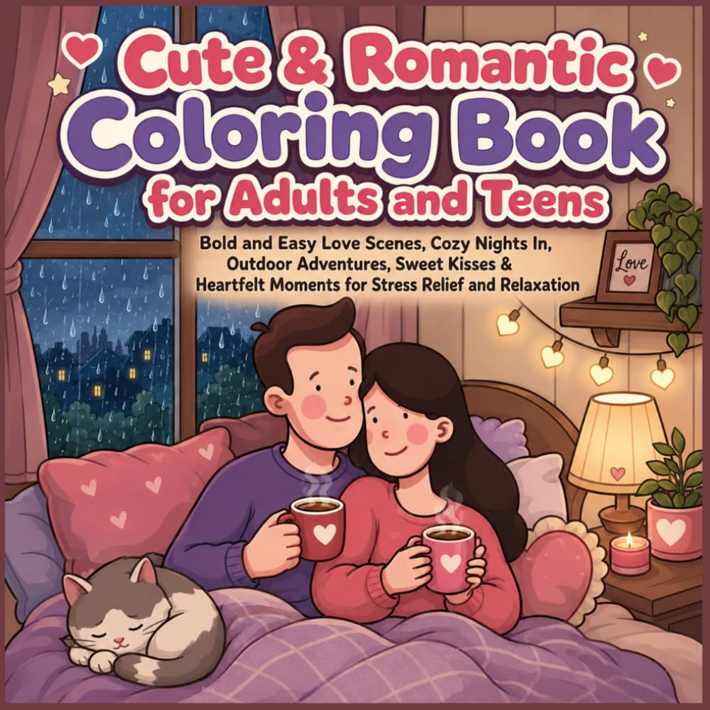 Cute & Romantic Coloring Book for Adults and Teens: Bold and Easy Love Scenes | Cozy Nights In, Outdoor Adventures, Sweet Kisses & Heartfelt Moments for Stress Relief and Relaxation
