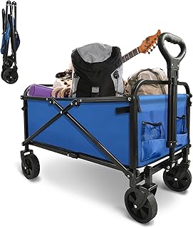 Collapsible Foldable Wagon, Beach Cart Large Capacity, Heavy Duty Folding Wagon Portable, for Outdoor Sports, Shopping, Camping, Blue