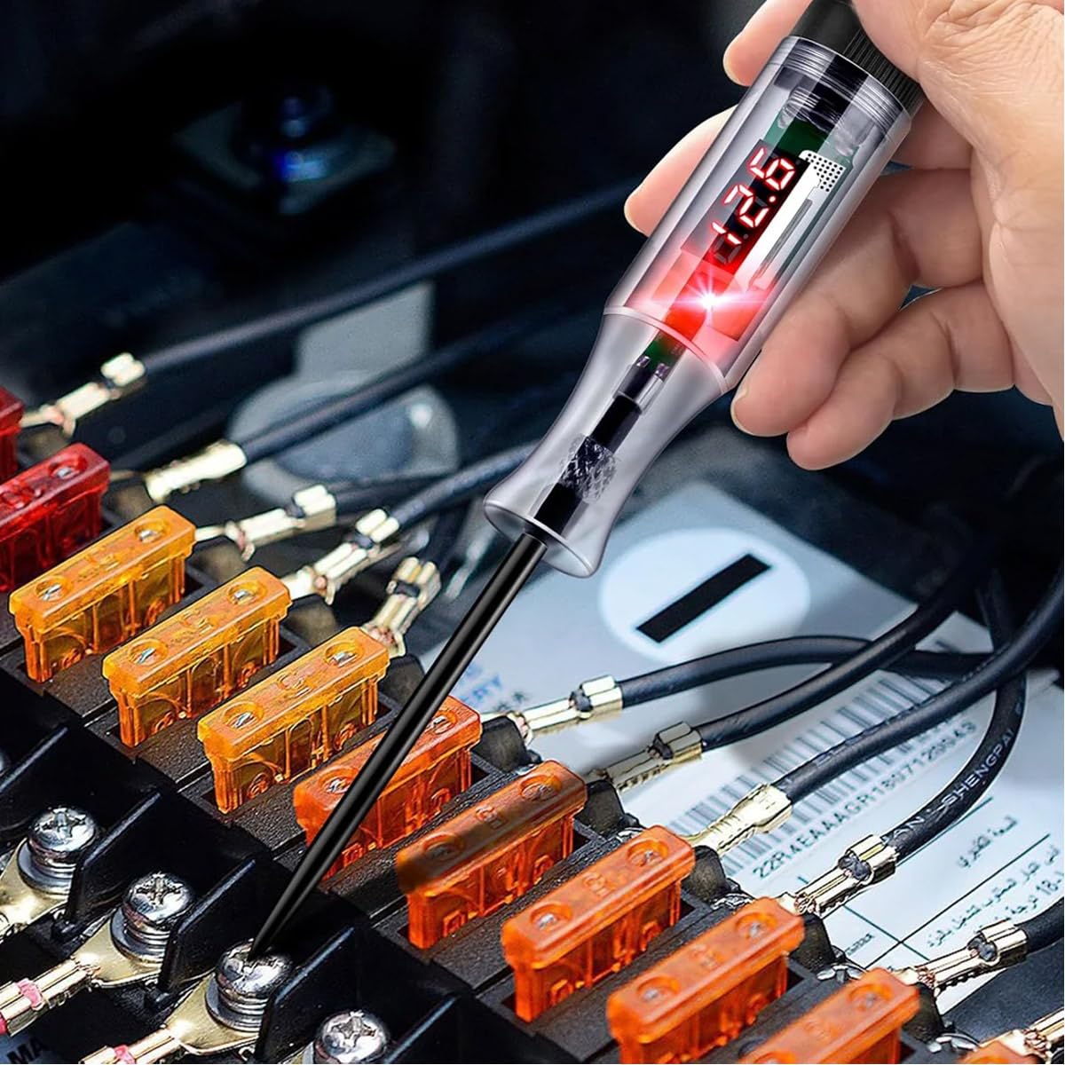 UPTO DATE PRODUCTS 3-48V DC Digital LCD Display Prolong Spring Cable for Sedan,SUV,RV,Truck,Lawn Mower with Extended Spring Wire & Probe for Car RV Fuse Checker 4