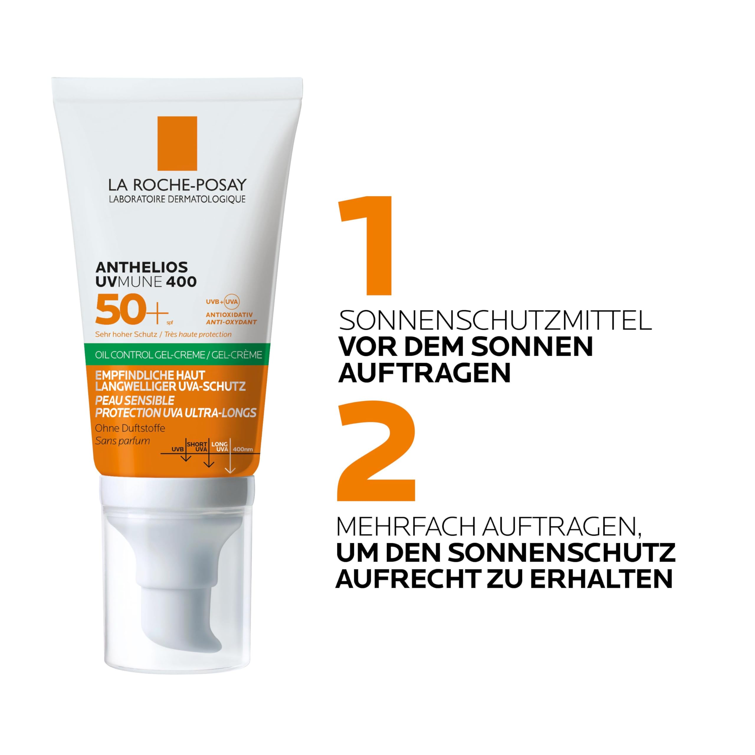 La Roche Posay Anthelios UV Mune 400 Oil Control Fluid, mattierende Gel-Creme mit LSF 50+ für ölige Haut, Mildert Hautglänzen, Mit mattierenden Mikropartikeln und Mexoryl 400, 50 ml