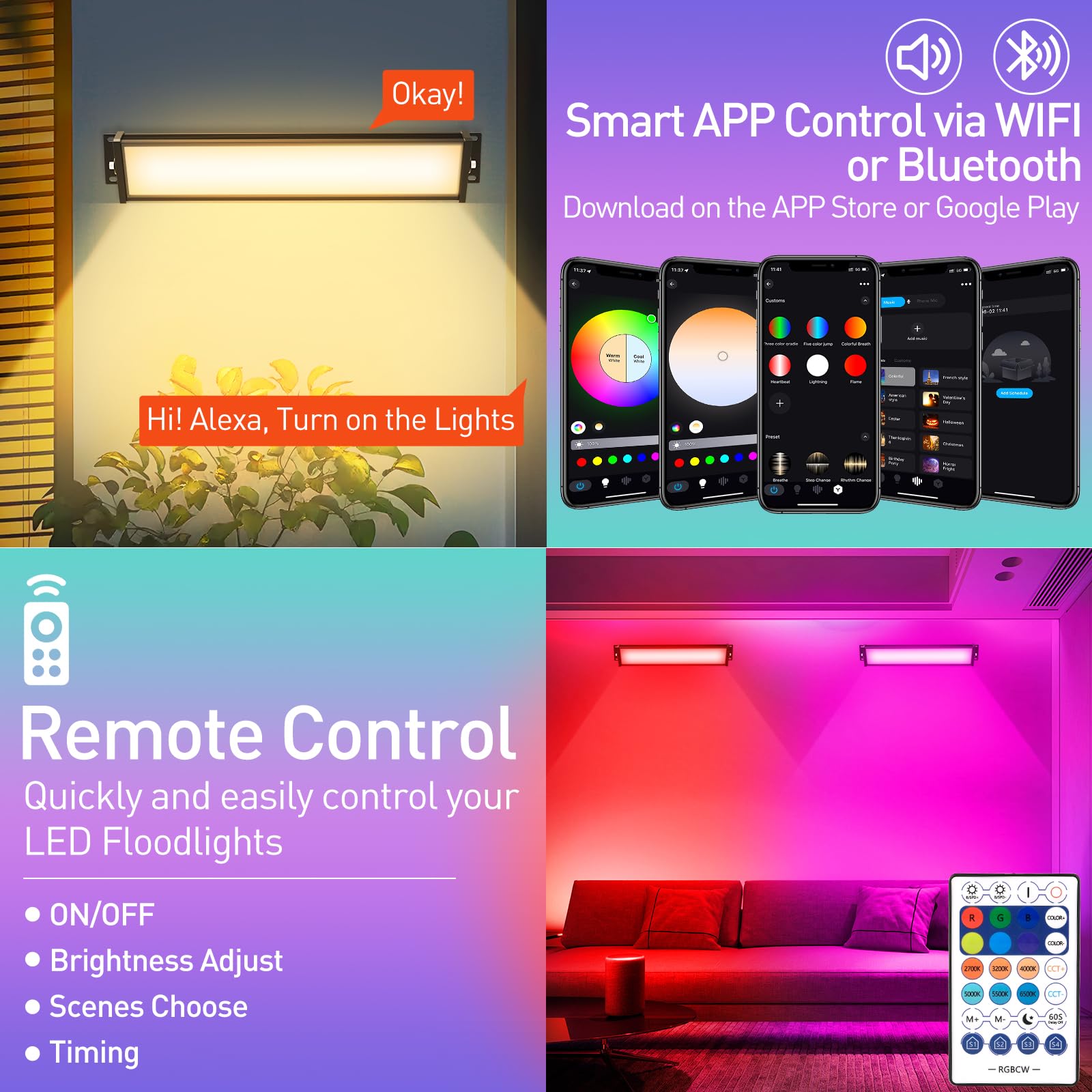 T-SUNUS RGB LED Strahler 72W Outdoor WiFi Bluetooth APP Steuerung IP66 Wasserdicht Wallwasher 4 Stück