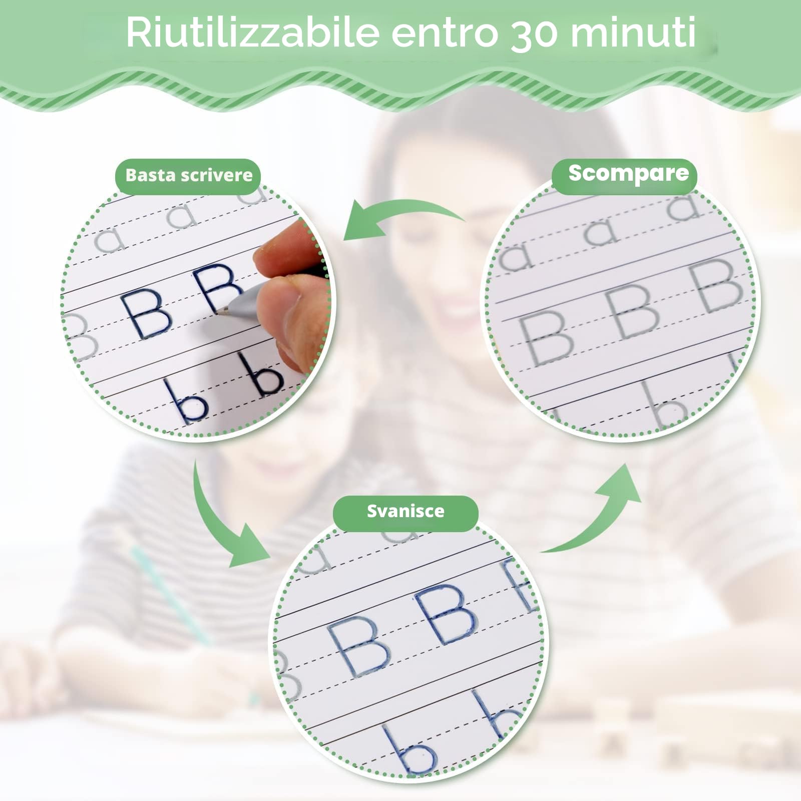 Libro di lavoro per scrivere a mano magica, quaderno di pratica, penna magica riutilizzabile con scanalature per bambini (4 libri, 25 x 19 cm)