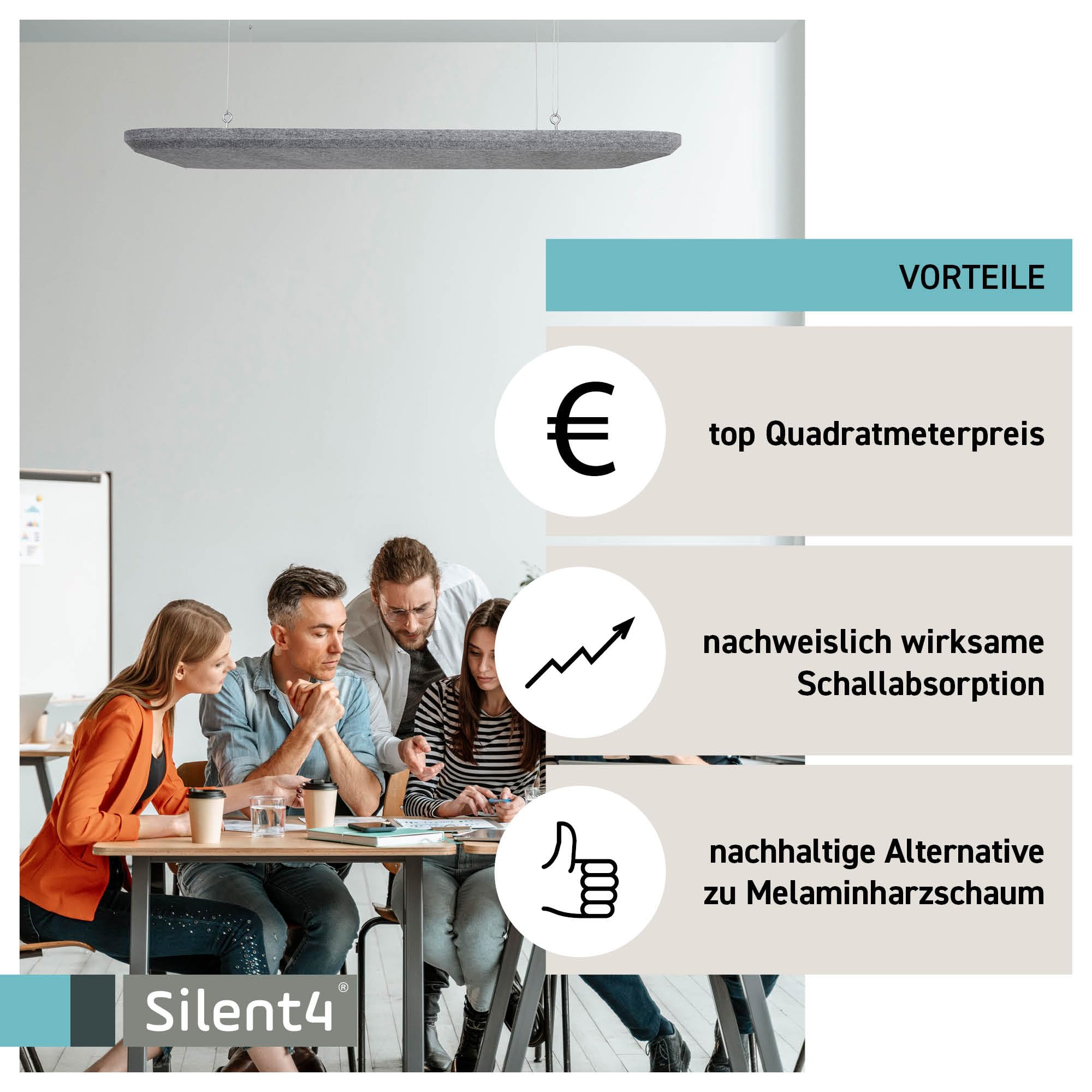 SILENT4® Plafond absorbant acoustique 114x72x4cm en non-tissé acoustique, montage par câble, acoustique améliorée prouvée par panneau acoustique en blanc