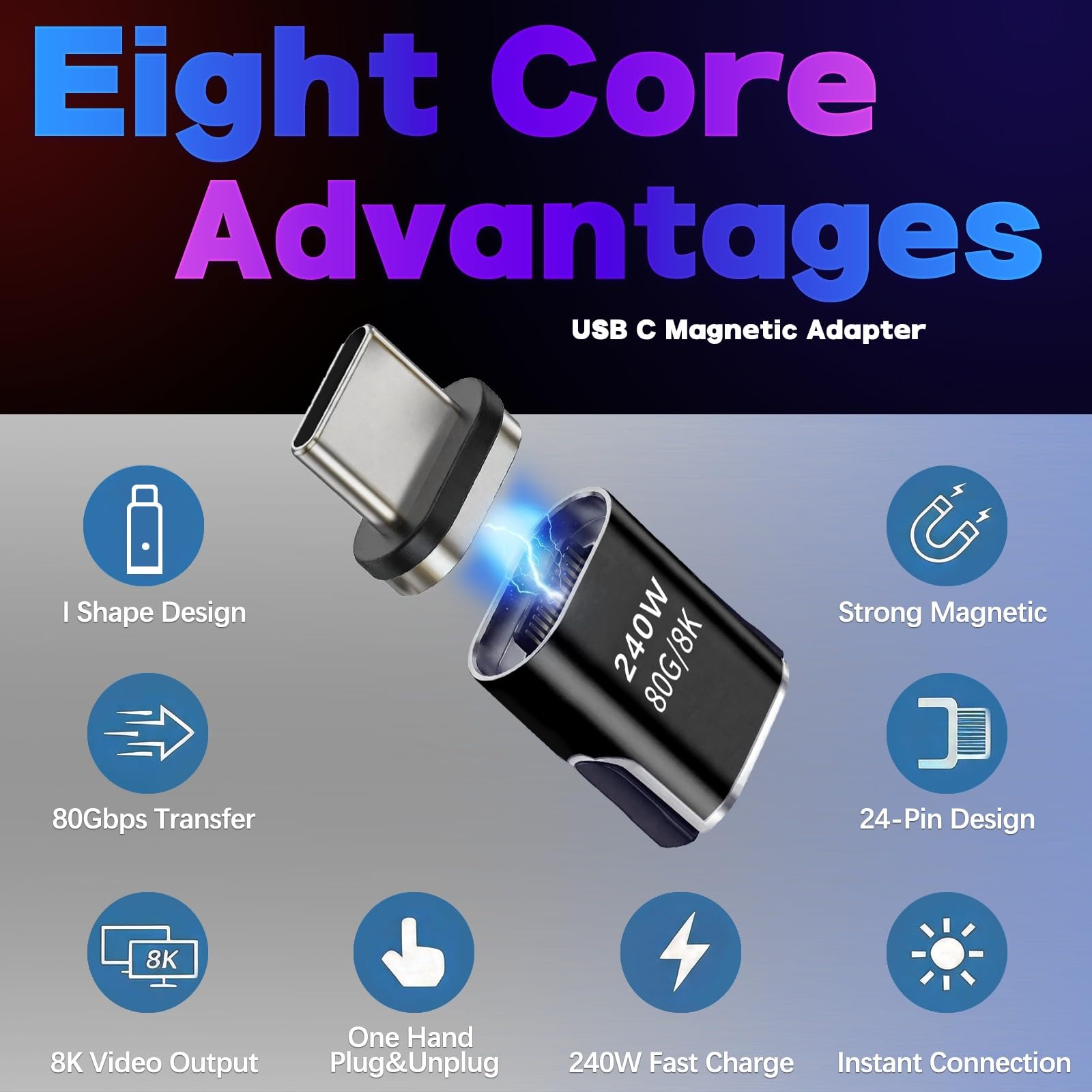 Adapter magnetyczny USB C - 240 W Typ C Magnetyczne złącze 24-pinowy z prędkością transferu 80 gb/s nadaje się do laptopa, tabletu, telefonu komórkowego - kolor cynowy