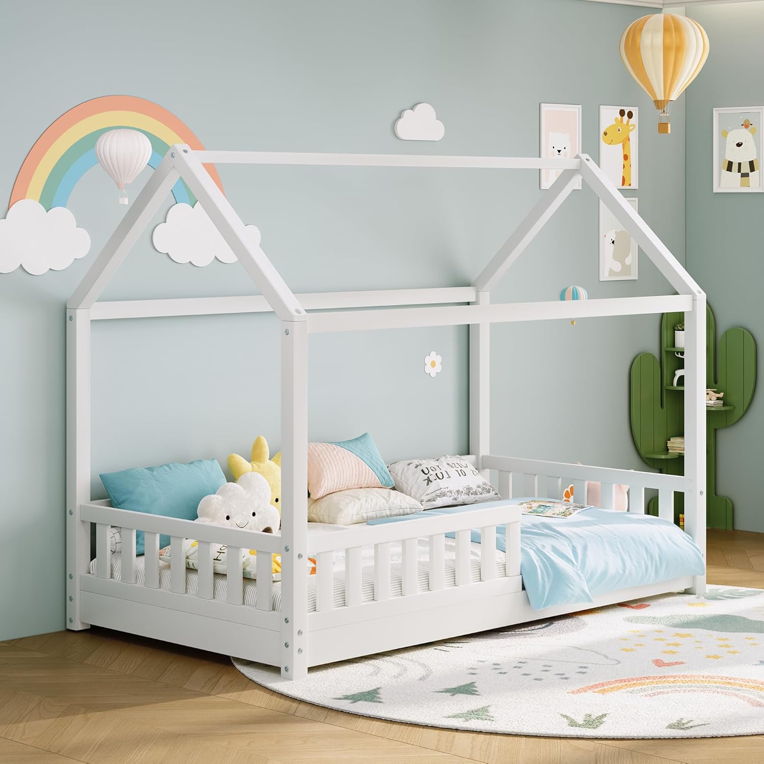 Jocisland Twin Size House Bed for Kids, Montessori 100% Wooden Floor Bed Frame with Guardrails, Removable Rails, Playhouse Roof, Easy Assembly, Toddler Floor Bed for Boys & Girls, White