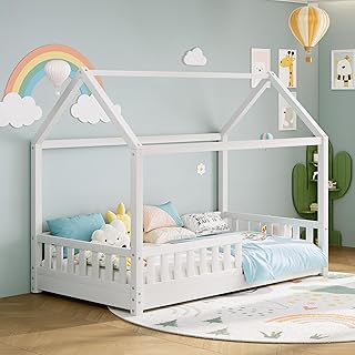 Twin Size House Bed for Kids, Montessori 100% Wooden Floor Bed Frame with Guardrails, Removable Rails, Playhouse Roof, Easy Assembly, Toddler Floor Bed for Boys & Girls, White