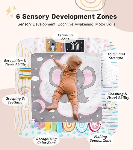 Miniatura 3 de Alfombrilla de juego para bebé, gimnasio con almohada para el tiempo boca abajo, 6 zonas de desarrollo, 6 juguetes sensoriales desmontables y