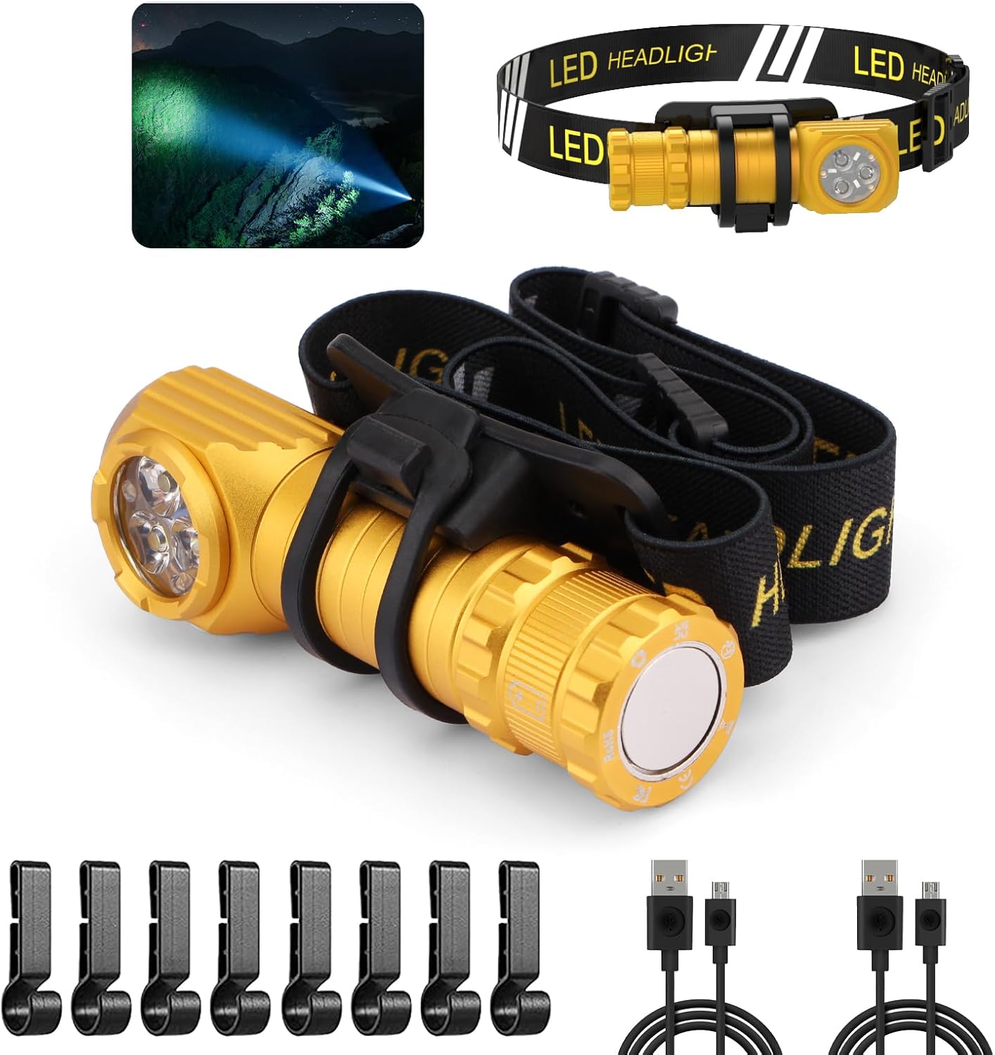High Lumens LED Rechargeable Headlamp for Adults - Hard Hat Light Running Head Lamp with Red Light, Magnet, 180° Tilt, 7 Modes, Detachable Flashlight & Headband, Outdoor, Emergency 2PC, Gold