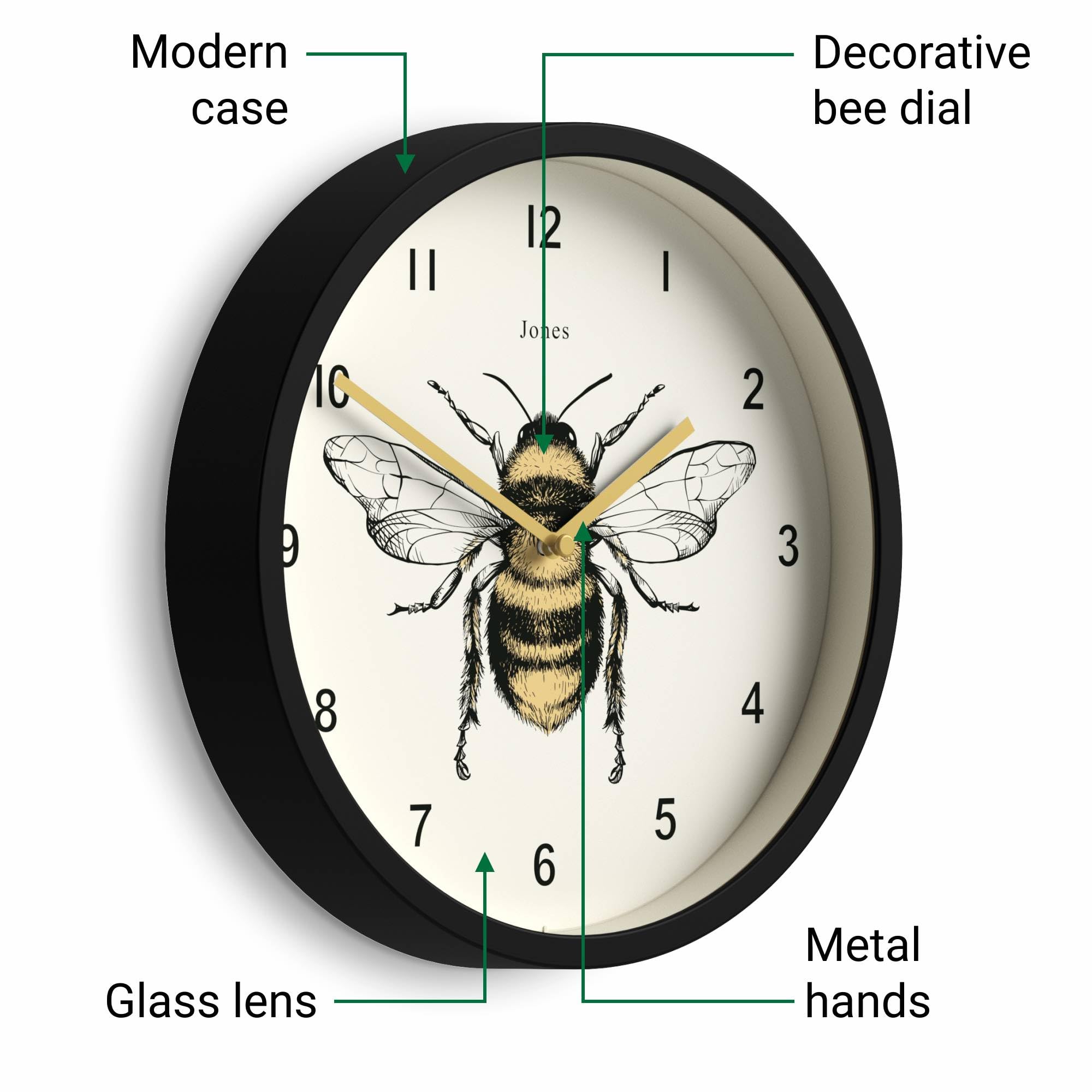 Jones Clocks® Bee wandklok | Kleine moderne klok met