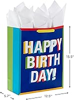 Vista 3 de Hallmark - Bolsa de regalo extra grande de 15 pulgadas para cumpleaños, con papel de seda (Feliz cumpleaños, rojo, azul, amarillo, verde)