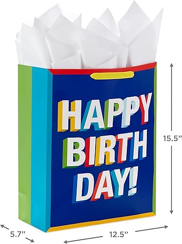 Miniatura 3 de Hallmark Bolsa de regalo de cumpleaños extragrande de 15 pulgadas con papel de seda (feliz cumpleaños, rojo, azul, amarillo, verde) para niños,