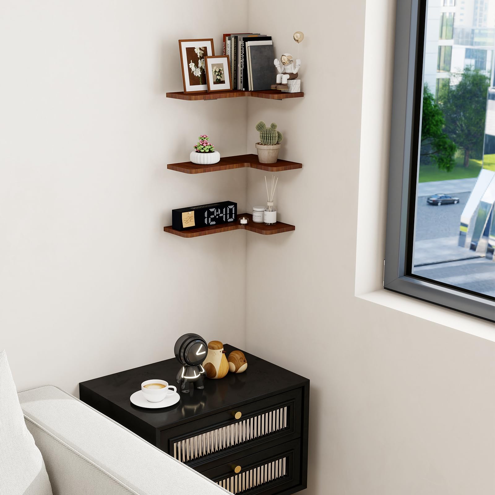 Etagere Angle Flottantes Lot de 3, Imperméable, Anti-Moisissure, Tablette Bois Murale Etagere Rangement en Bois Rustique pour Salon Chambre Bureau Salle de Bains, Cuisine