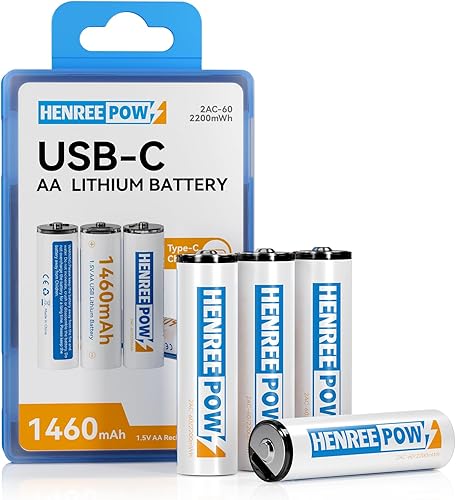 Henreepow Baterías AA recargables, batería USB de litio doble A, carga rápida USB C de 1.5 V, voltaje constante, 1200 ciclos de larga duración