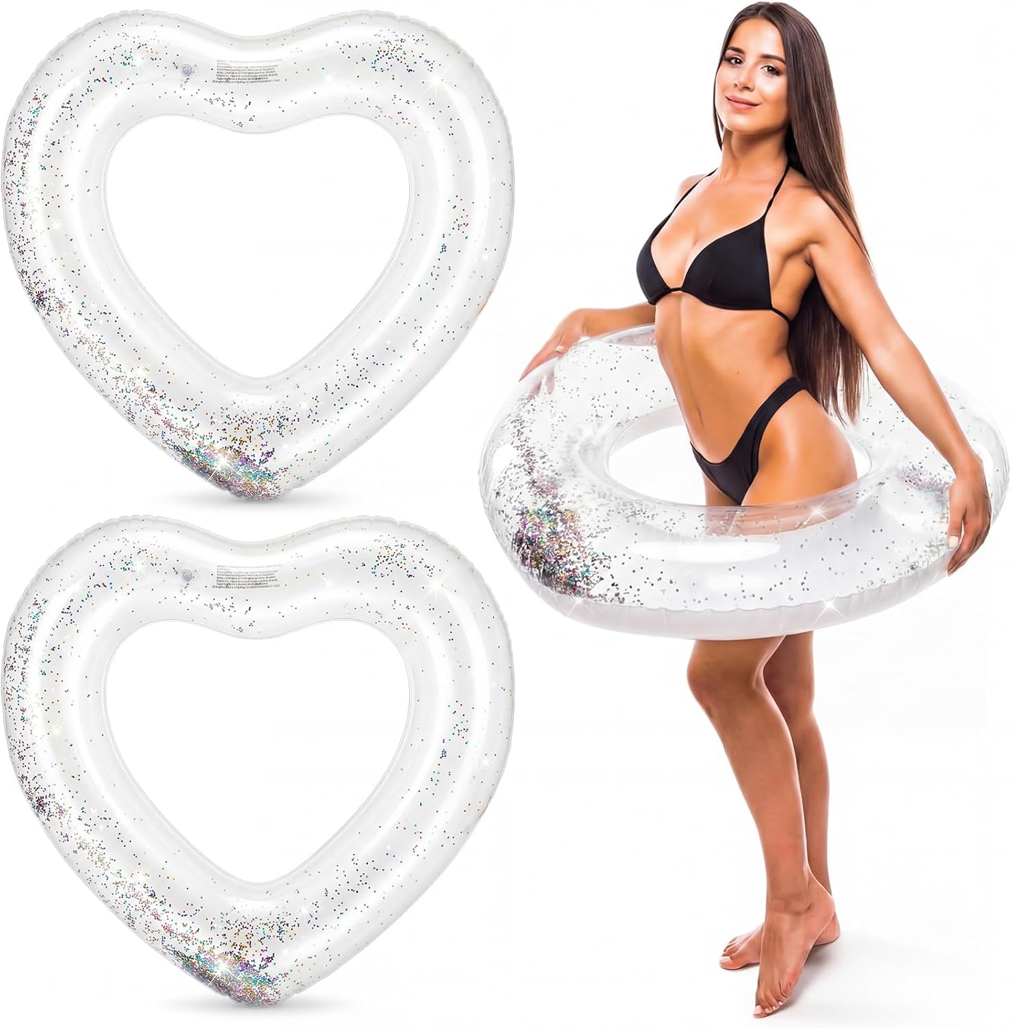 Junkin 47.3 x 39.4 Inch Clear Heart Pool Float Bachelorette Inflatable Swim Float Bride Pool Water Ring Glitter Loungers Tube Swimming for Engagement, Wedding, Summer Beach Party 3 Pcs