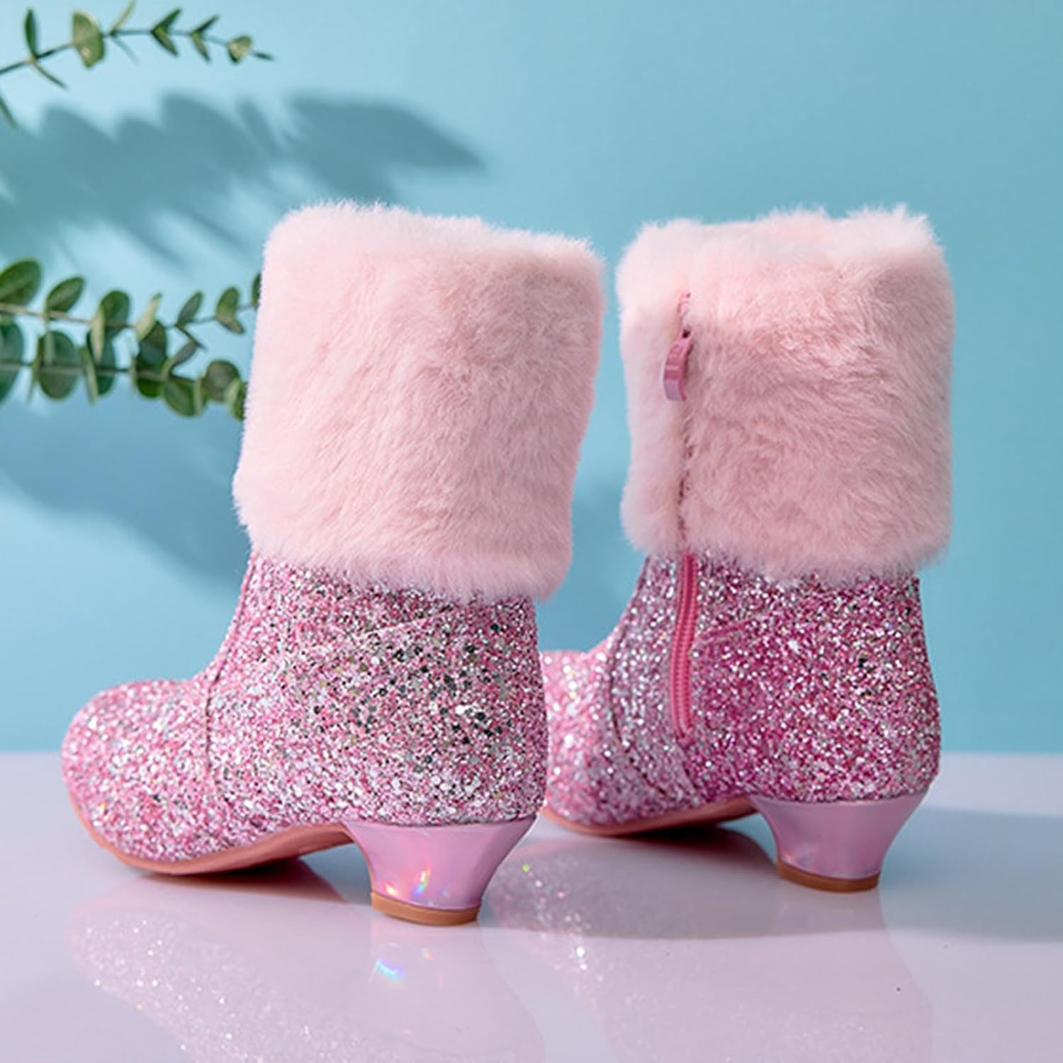 Sequin Low Heeled Ankle Boots for Girls Fur Lined Fall Winter Snow Boots Sparkly Glitter Block Heel Booties Fashion