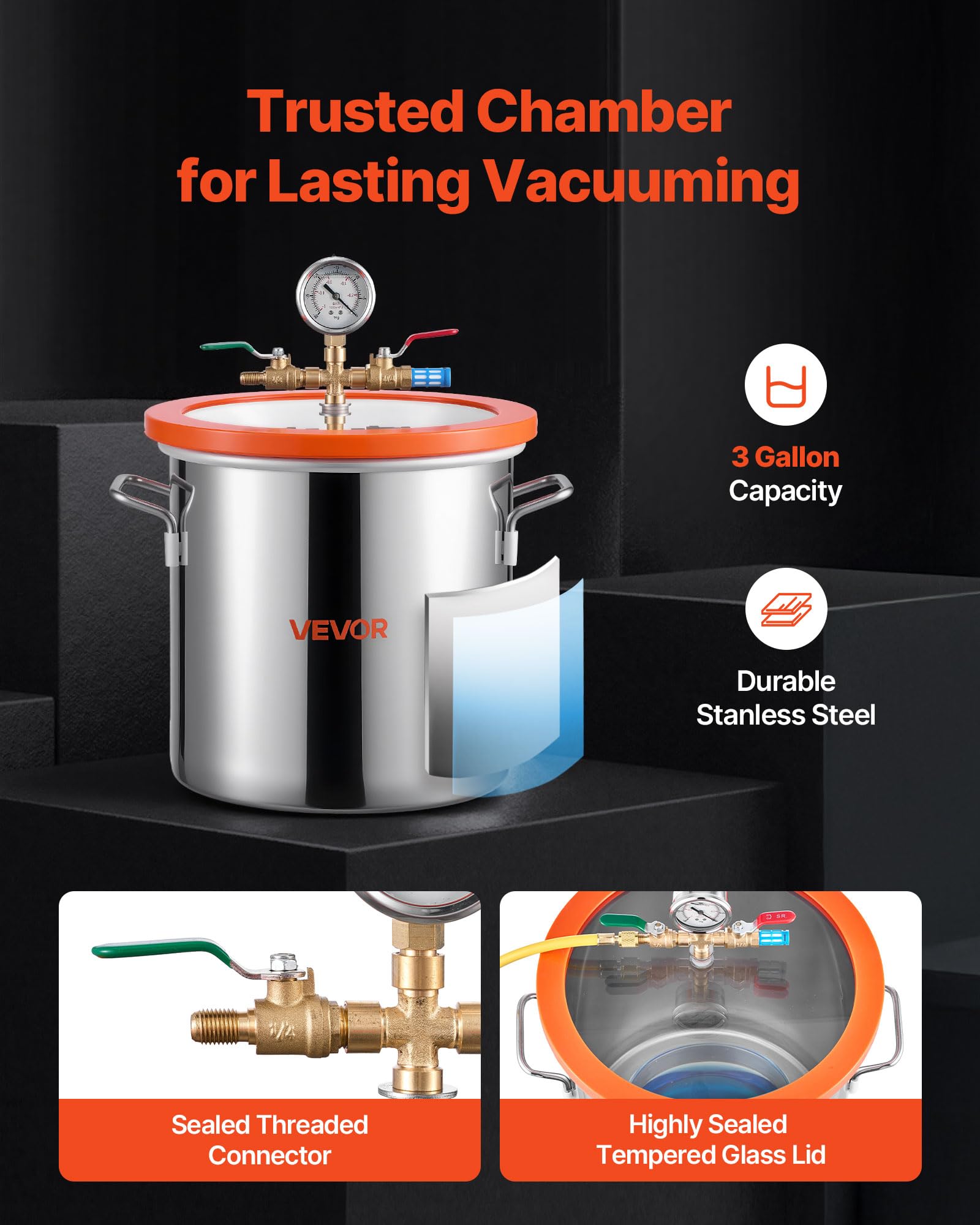 VEVOR Vakuumpumpe mit 11,4 L Vakuumkammer, 3,5 CFM 99 L/min, 1-stufige Unterdruckpumpe 180 W, Vacuum Pump Kit, 1,5 m Schlauch, zur Stabilisierung von Holz und Entgasung von Silikonharz