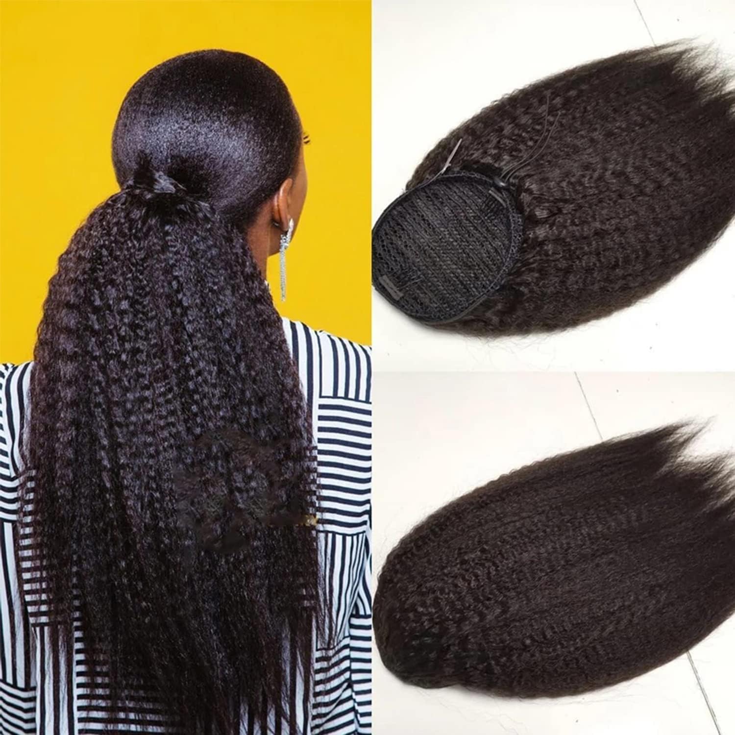 Wrap Drawstring Kinky Straight Human Hair Ponytail for Balck Women Yaki Straight Remy Human Hair Ponytail Extension 10A Grade Afro Yaki Clip In Pony Tail Hairpiece 120g Natural Color (16 Inch)