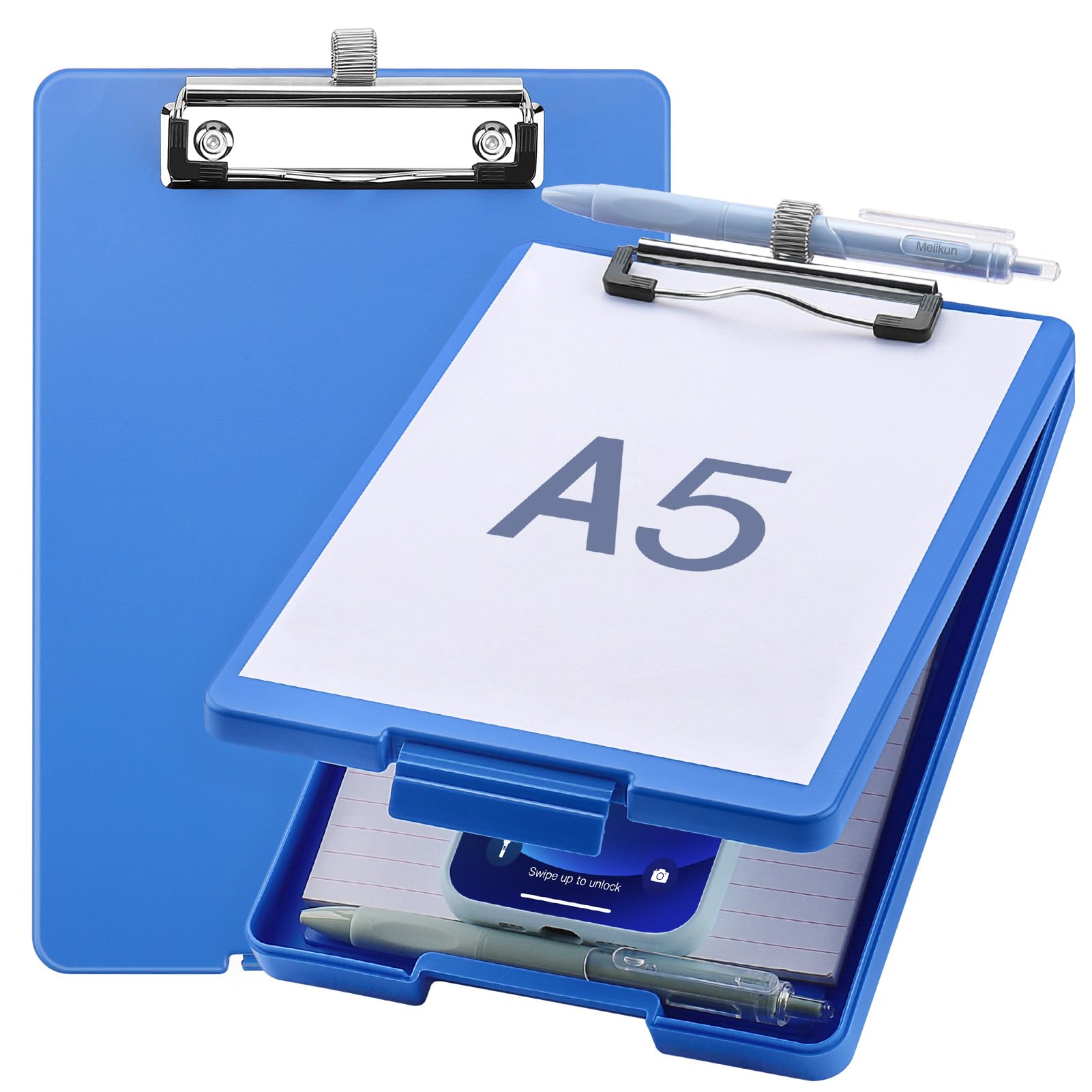 Small Clipboard with Storage, A5 Clipboards with Pen Holder, Half Letter Clip Boards 6x9 Mini Plastic Clipboard with Low Profile Clip for Classroom, School, Office Supplies (Blue)
