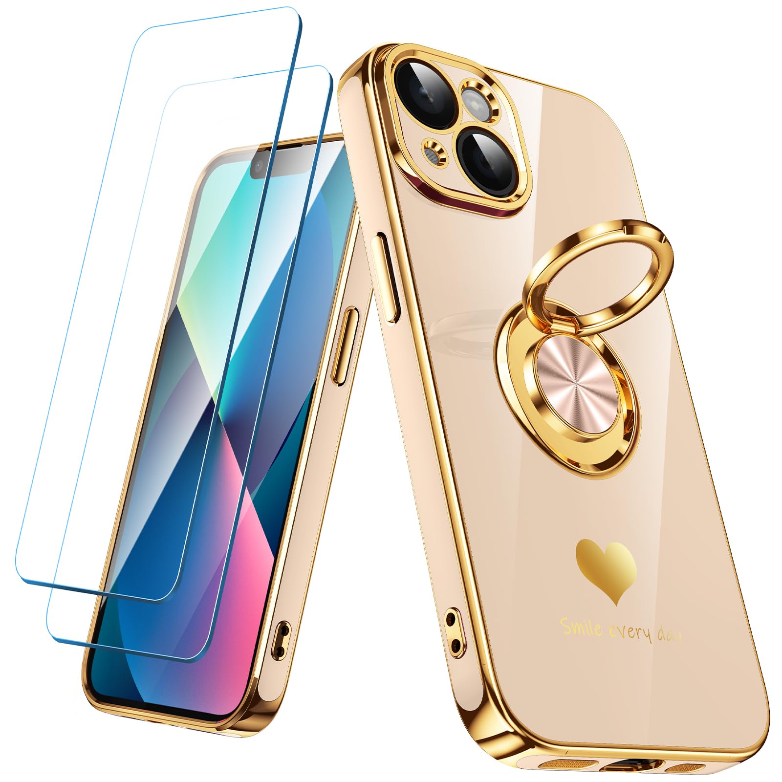 Nonional Compatible for iPhone 13 Case with 2 Pack Screen Protector, 360° Rotatable Ring Holder [Luxury Hearts Pattern] Plating Gold Edge Slim Soft