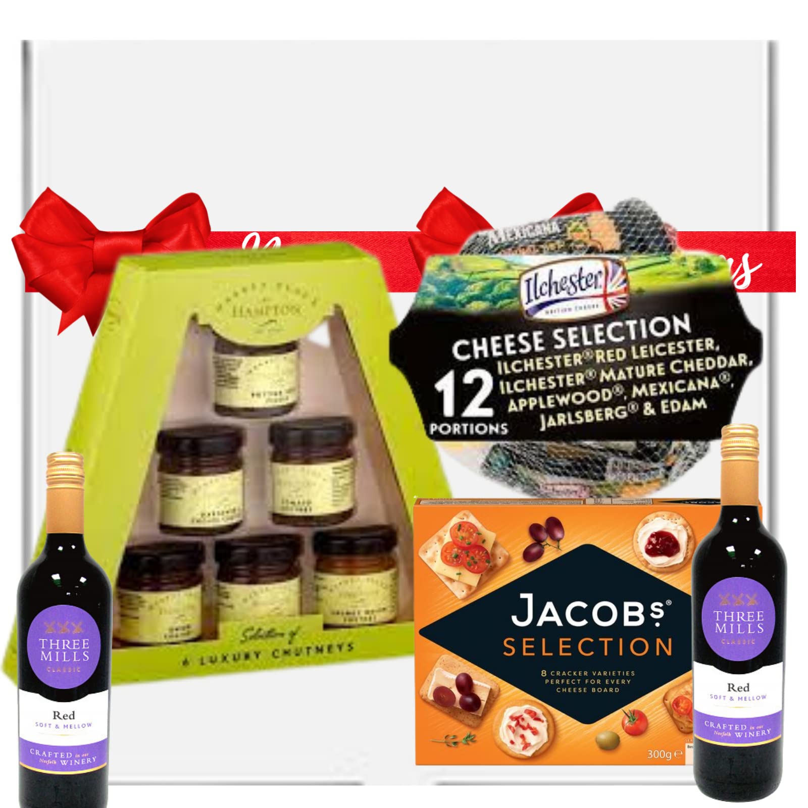 Wine and Cheese Hamper Gift Set - 2x Red Wine, 12x Ilchester Cheese Selection, Crackers and 6x Chutney Gift Set - Food Hampers & Gourmet Gifts, Christmas Hampers for Couples Men Women