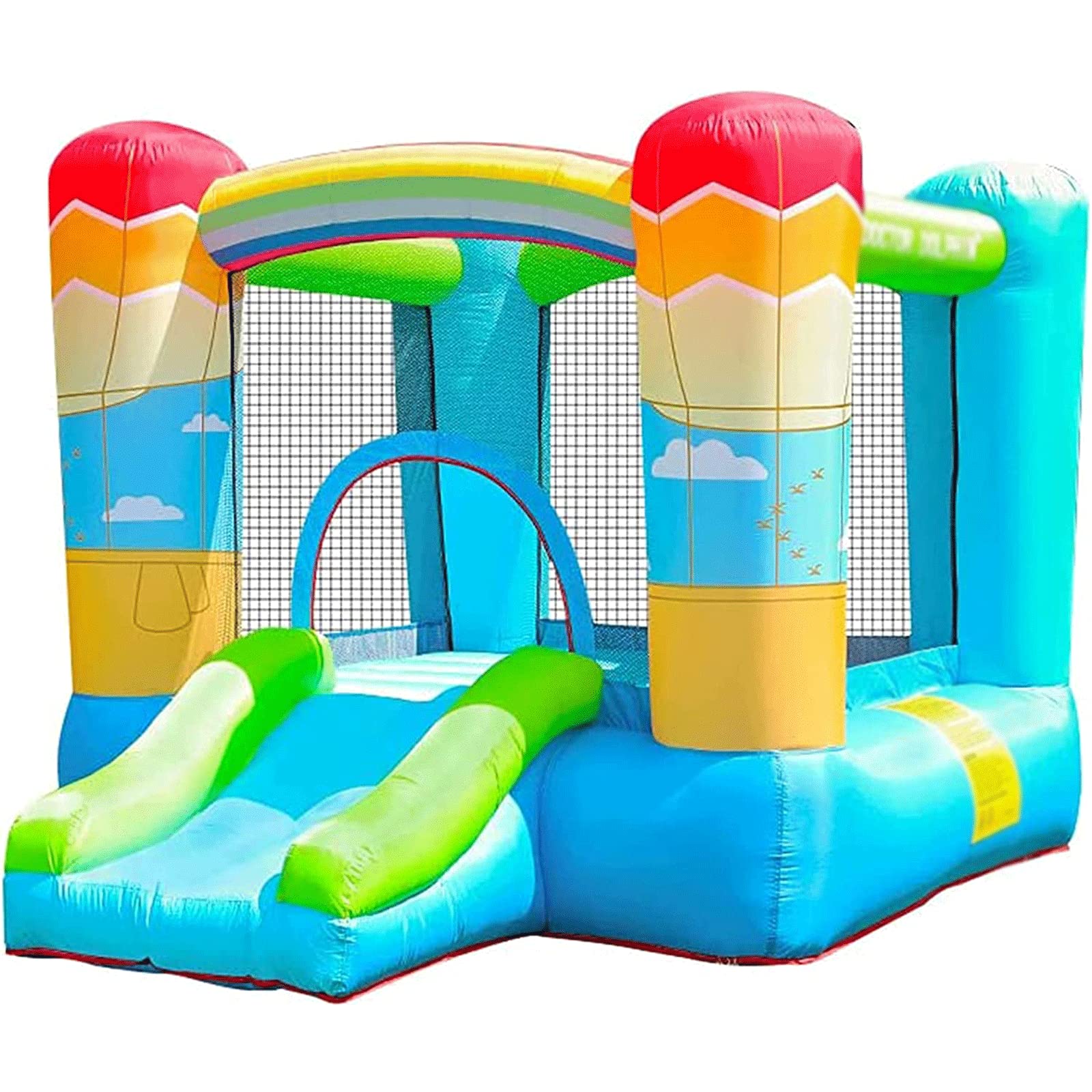 Maison gonflable avec toboggan, thème montgolfière, design silencieux pour enfants, activité de jeu amusante, parfaite pour les événements en plein air