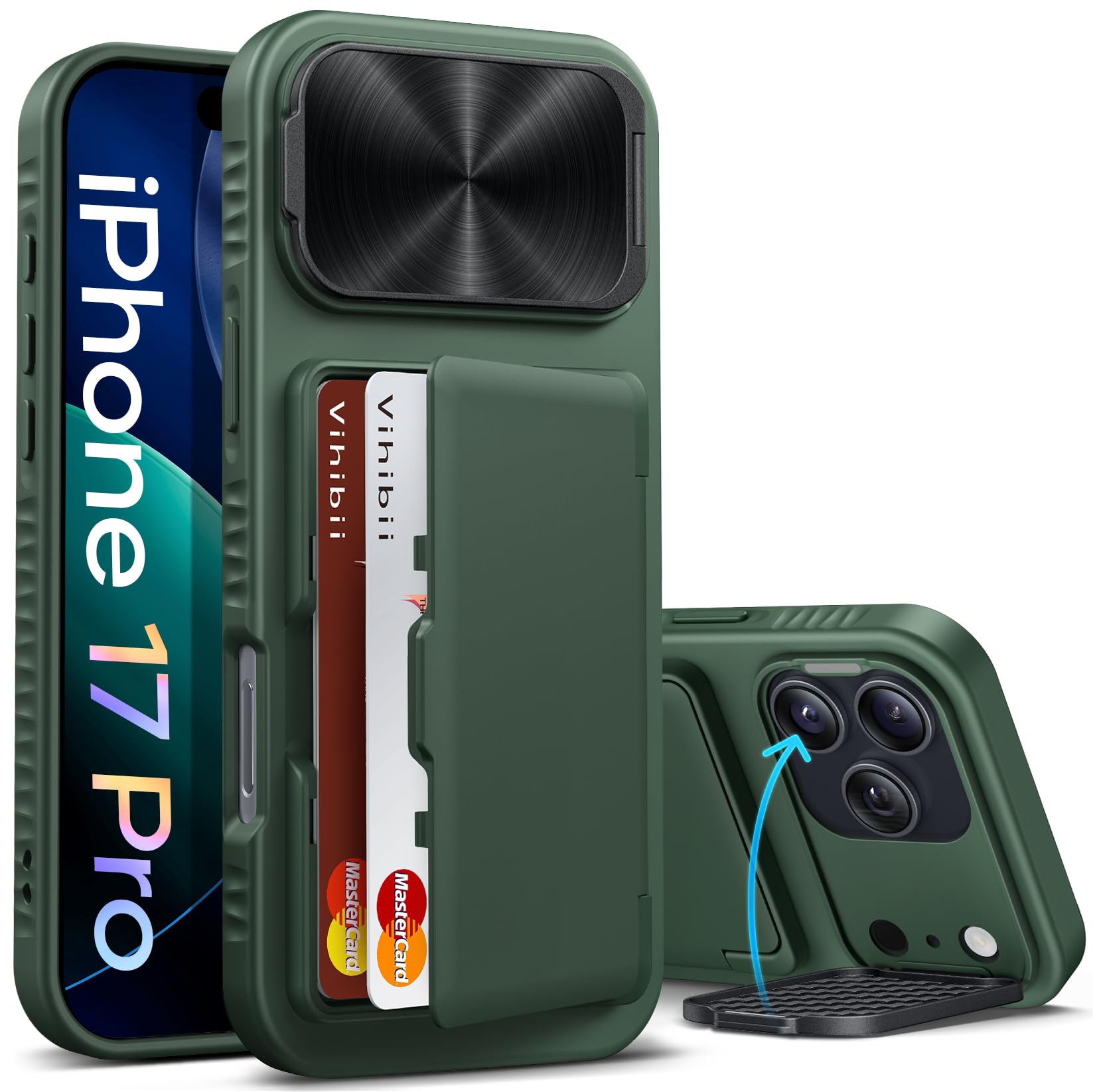Vihibii for iPhone 17 Pro Cover with Card Holder & Adjustable Camera Stand, Military Grade Drop Protection & Build-in Mi