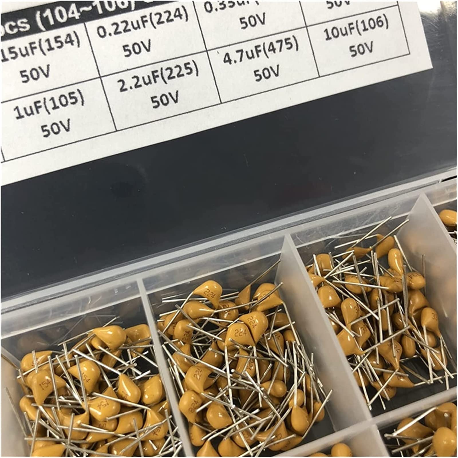 Accesorios electrónicos Kit de condensadores Kit de condensadores cerámicos monolíticos/multicapa 50V 0.1uF 10pF~10uF P=5.08mm 30Valuesx50 Total 1500pcs con condensadores de caja Dispositivos electrón
